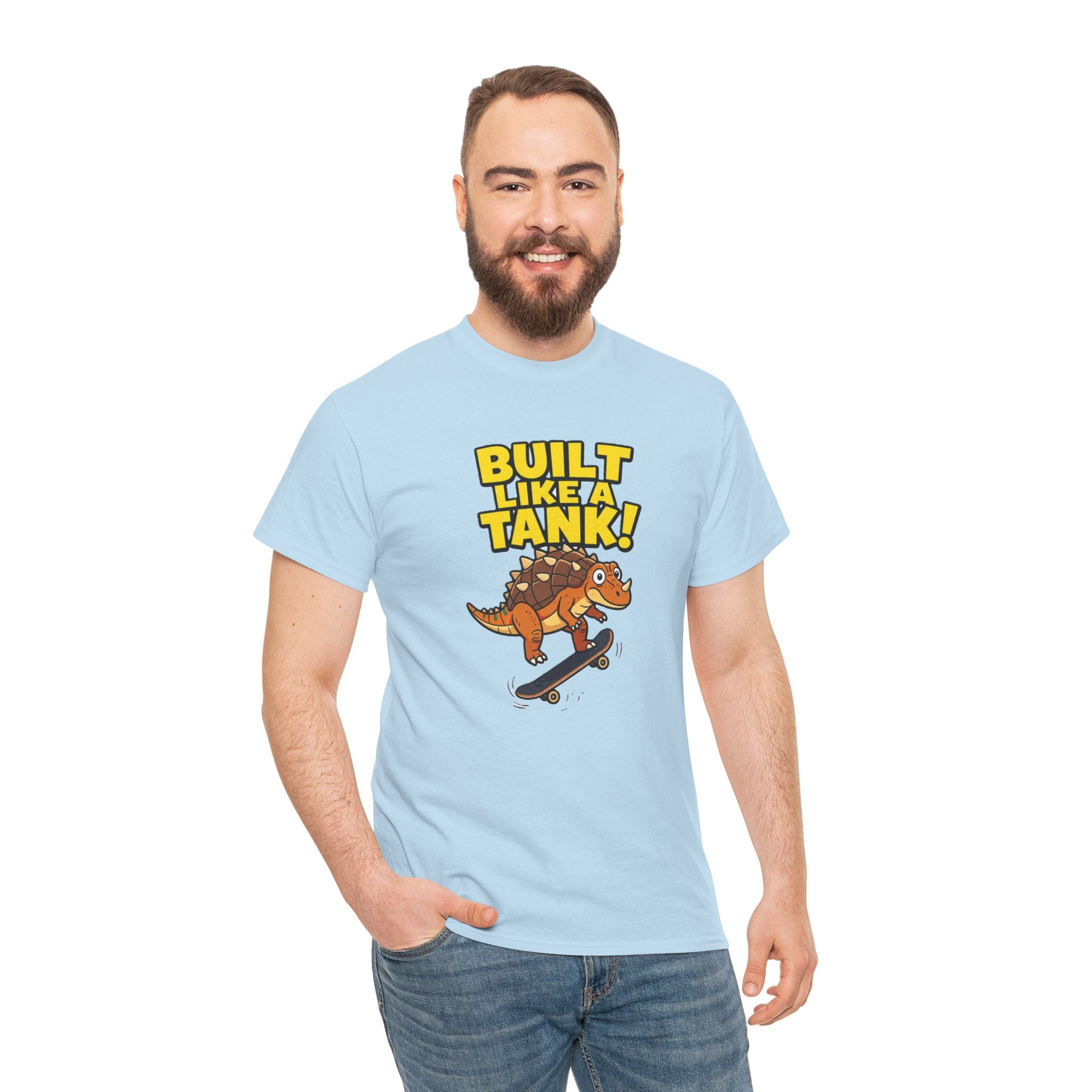 Built Like a Tank T-Shirt – Funny Ankylosaurus Skateboard Cartoon Dinosaur | Armoured Dino Skater Graphic Tee