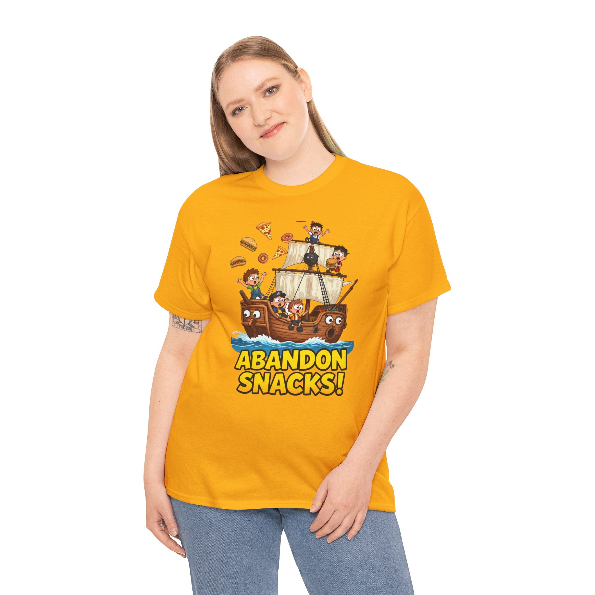 Abandon Snacks T-Shirt – Funny Pirate Ship Food Chaos Cartoon | Nautical Humour Foodie Graphic Tee