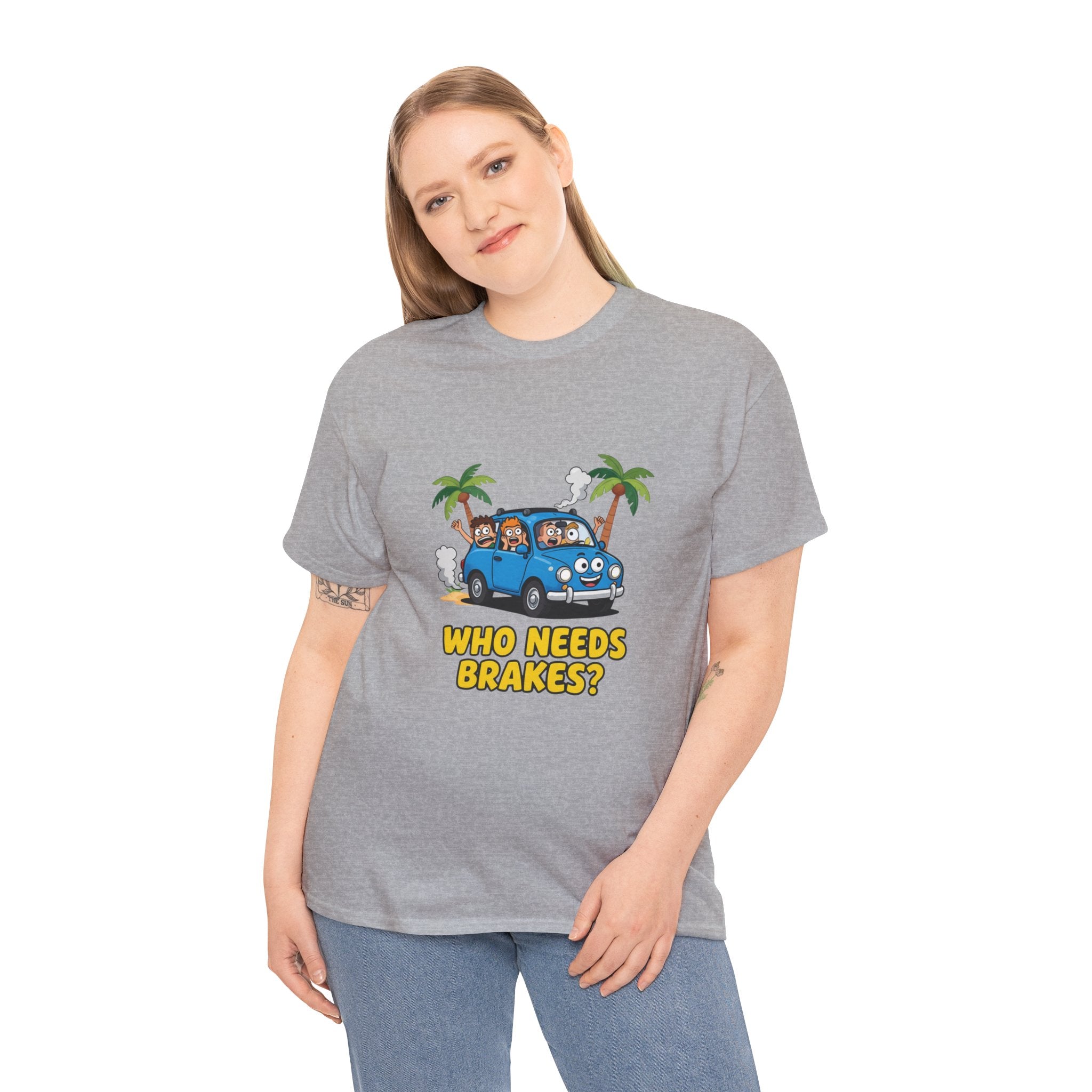 Who Needs Brakes T-Shirt – Funny Cartoon Car Holiday Road Trip | Terrified Passengers Driving Humour Graphic Tee