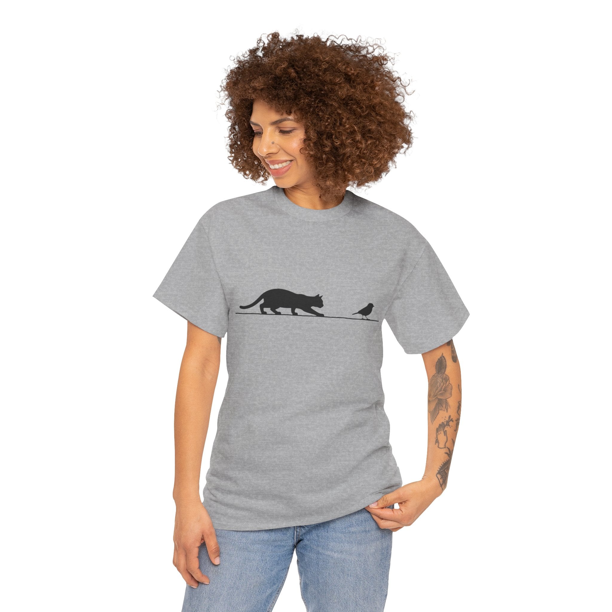 Cat and Bird Minimalist Tee — Silhouette Graphic T‑Shirt