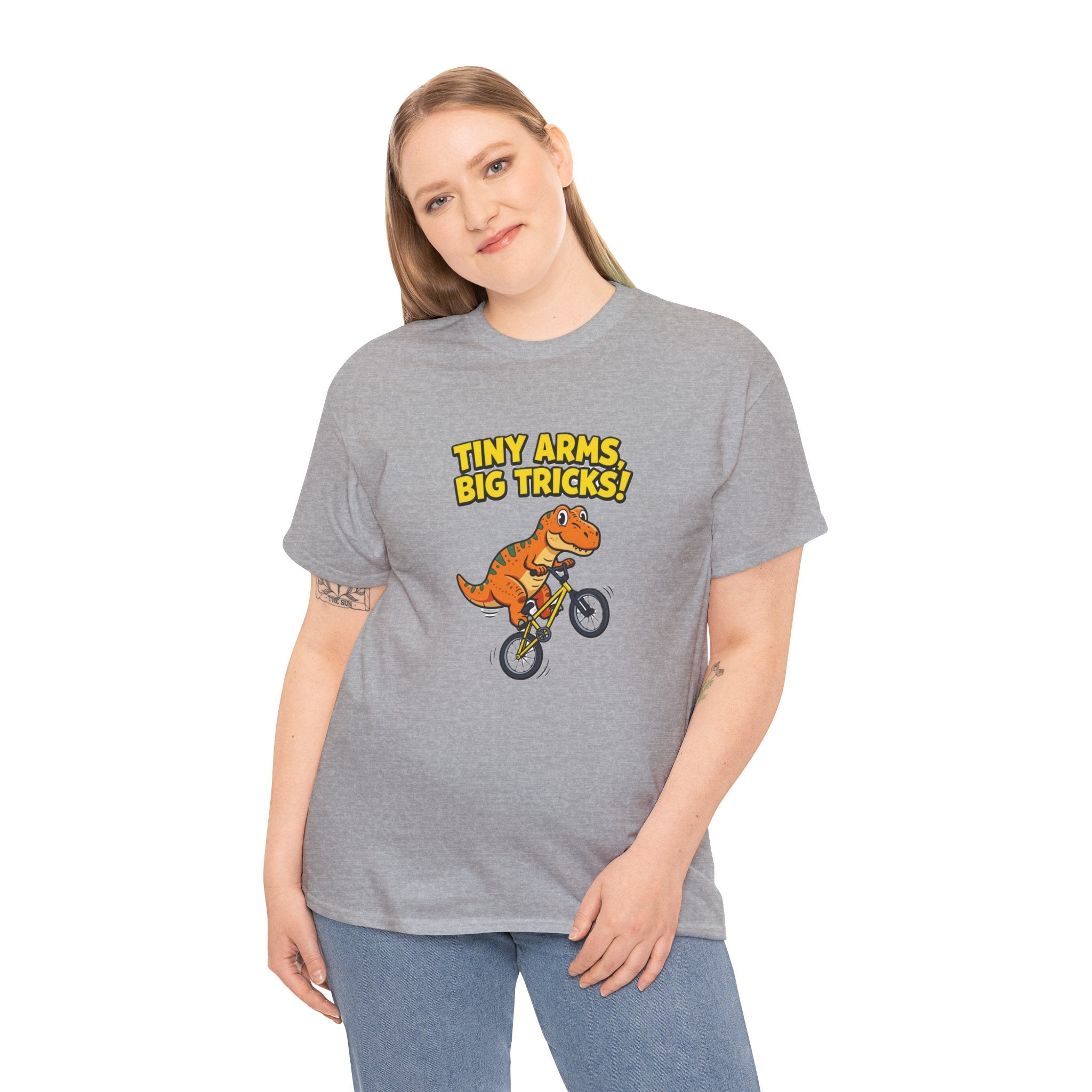 T-Shirt — "Tiny Arms, Big Tricks!" BMX Dino Graphic Tee
