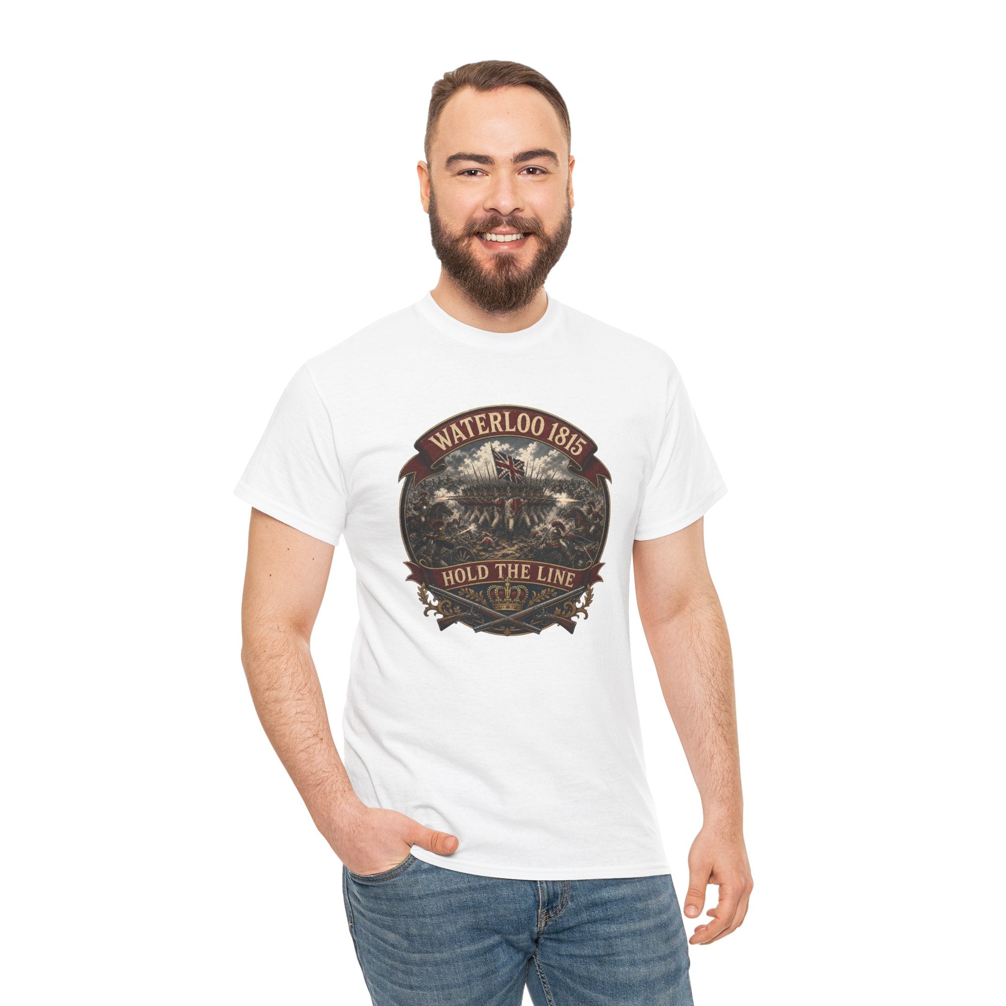 Waterloo 1815 T-Shirt | Hold the Line Napoleonic Wars Badge | British Infantry Square Graphic Tee | Military History Circular Design