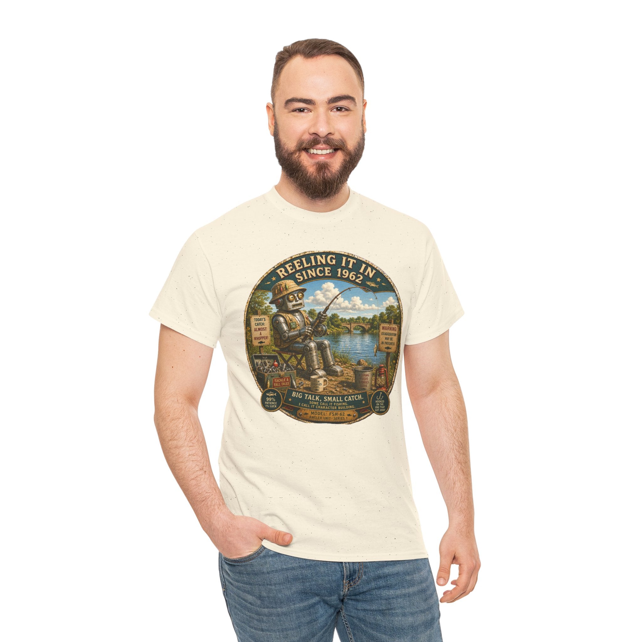 Reeling It In Since 1962 T-Shirt — Funny Robot Angler Graphic Tee