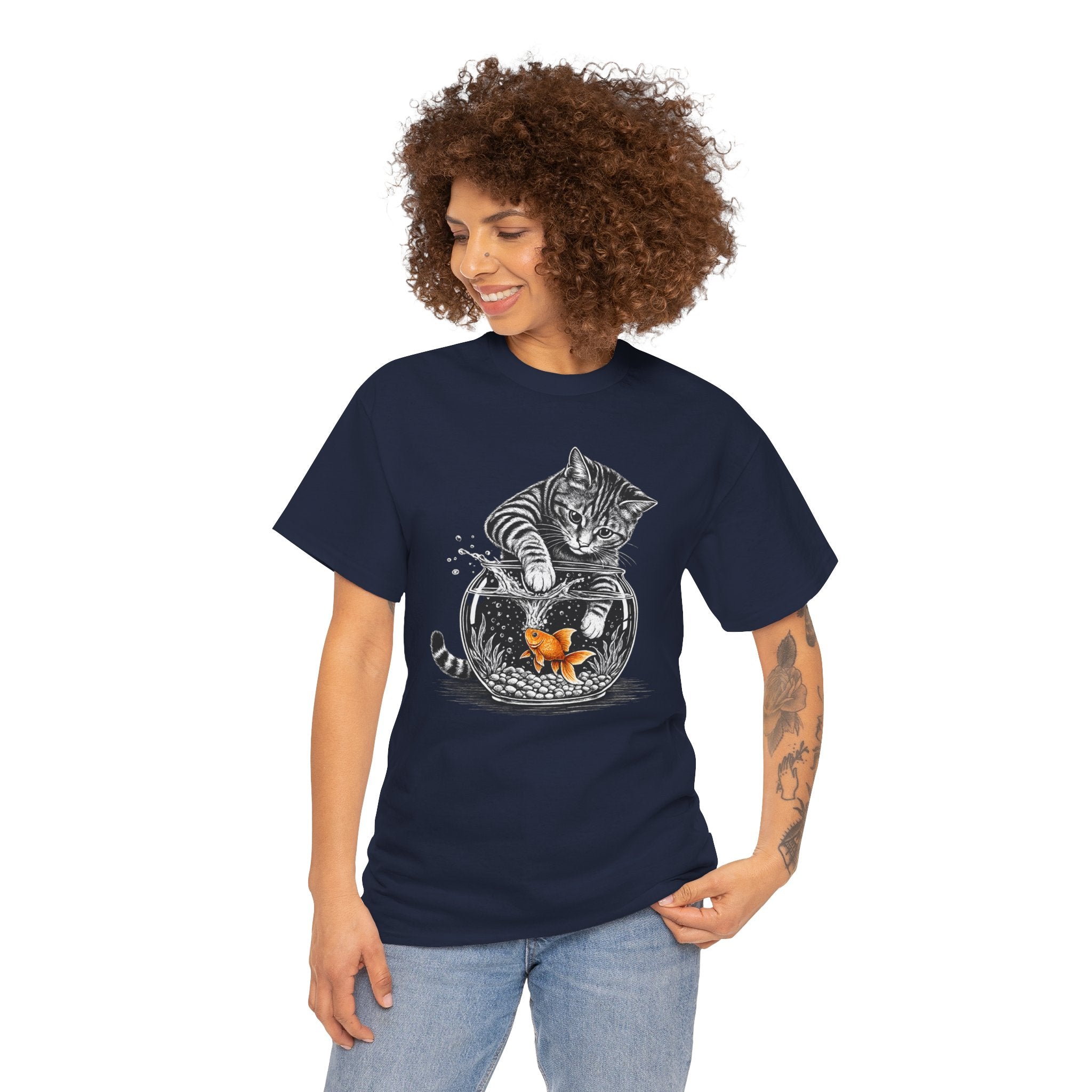 Cat and Goldfish T-Shirt  Dark – Funny Tabby Cat Fishing in Bowl Line Art | Cat Lover Kitten Graphic Tee