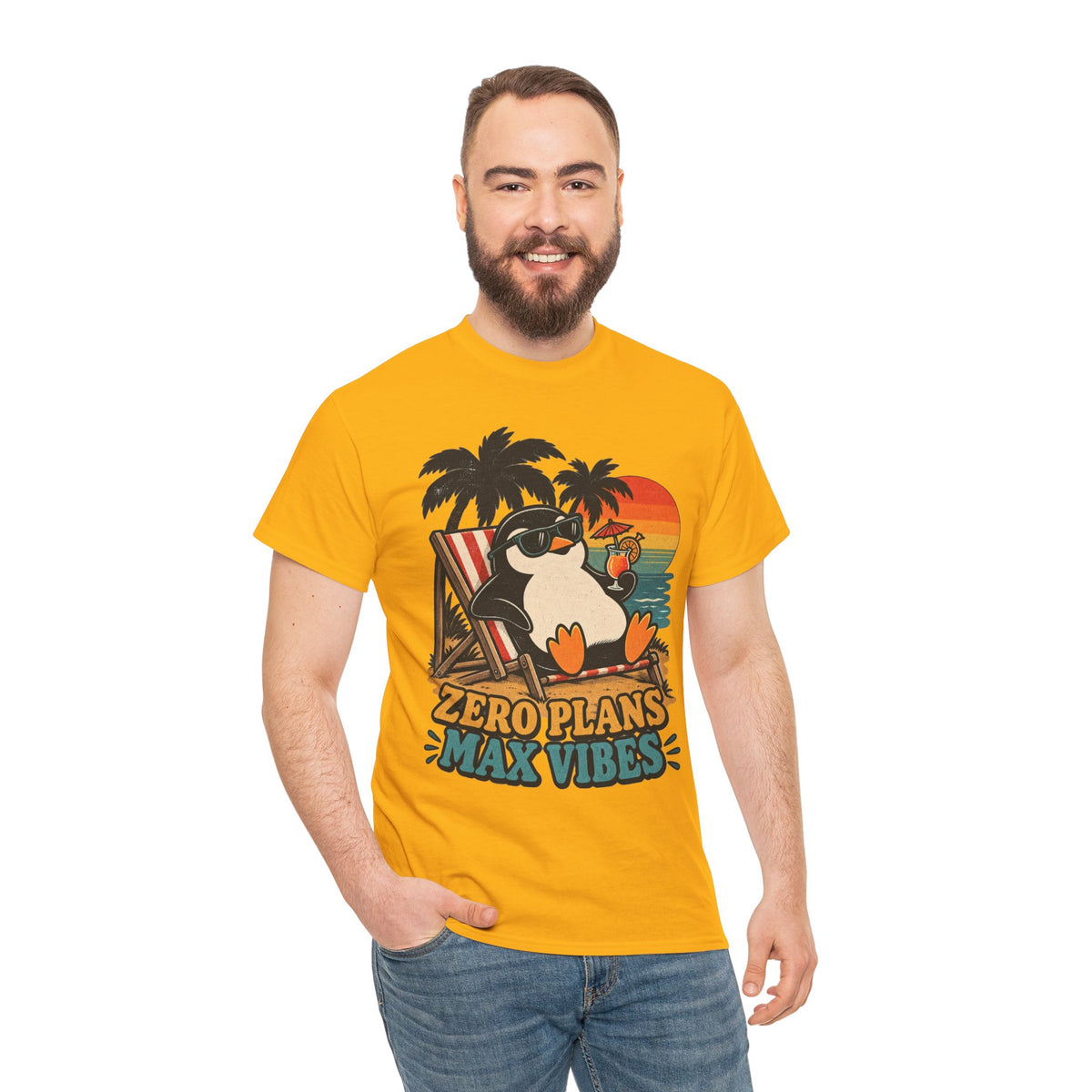 T-Shirt — "Zero Plans, Max Vibes" Penguin Beach Tee