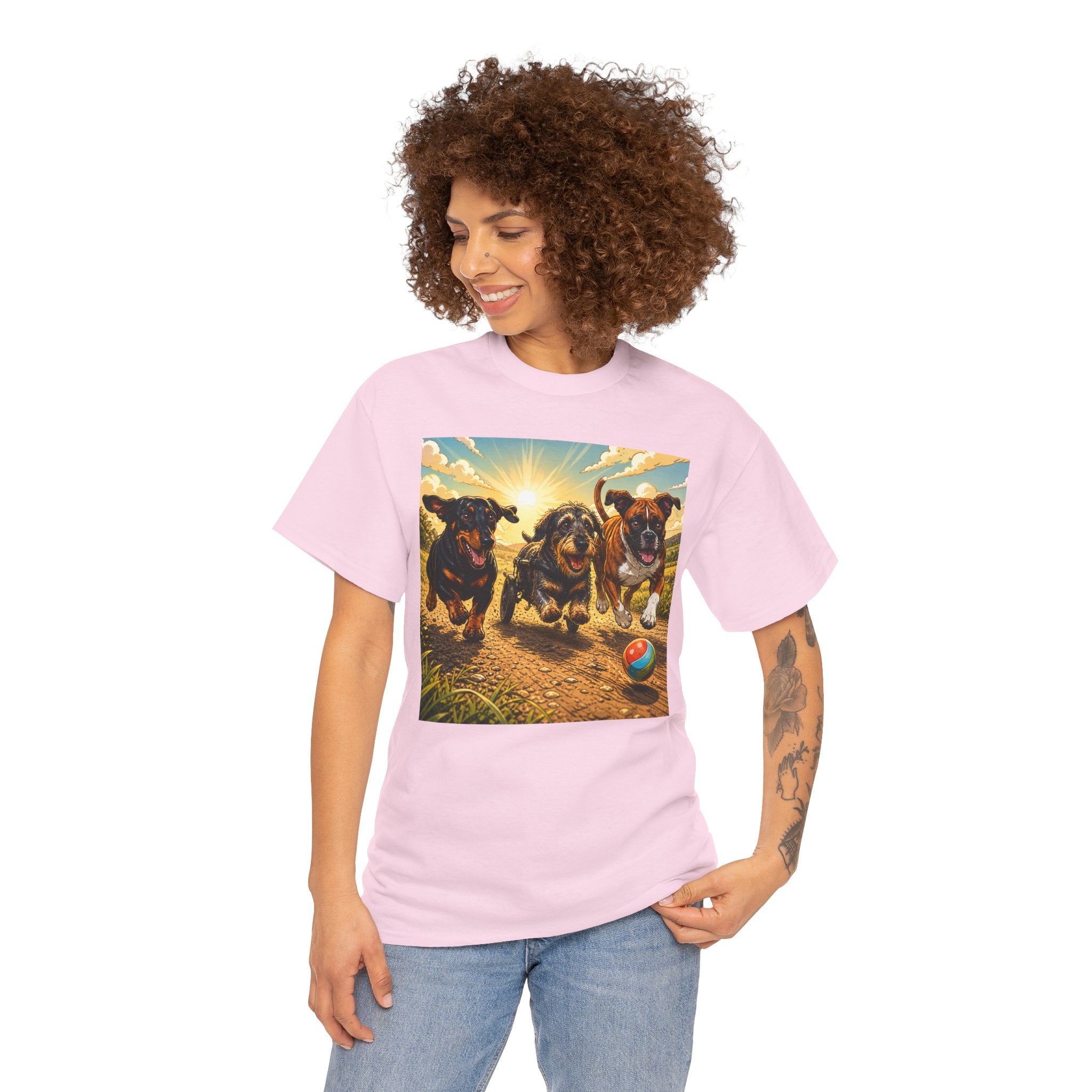 Three Dogs No Limits T-Shirt | Wheelchair Dachshund Boxer Friendship Tee | Inclusive Pet Lover Graphic Shirt |Dog Awareness Gift