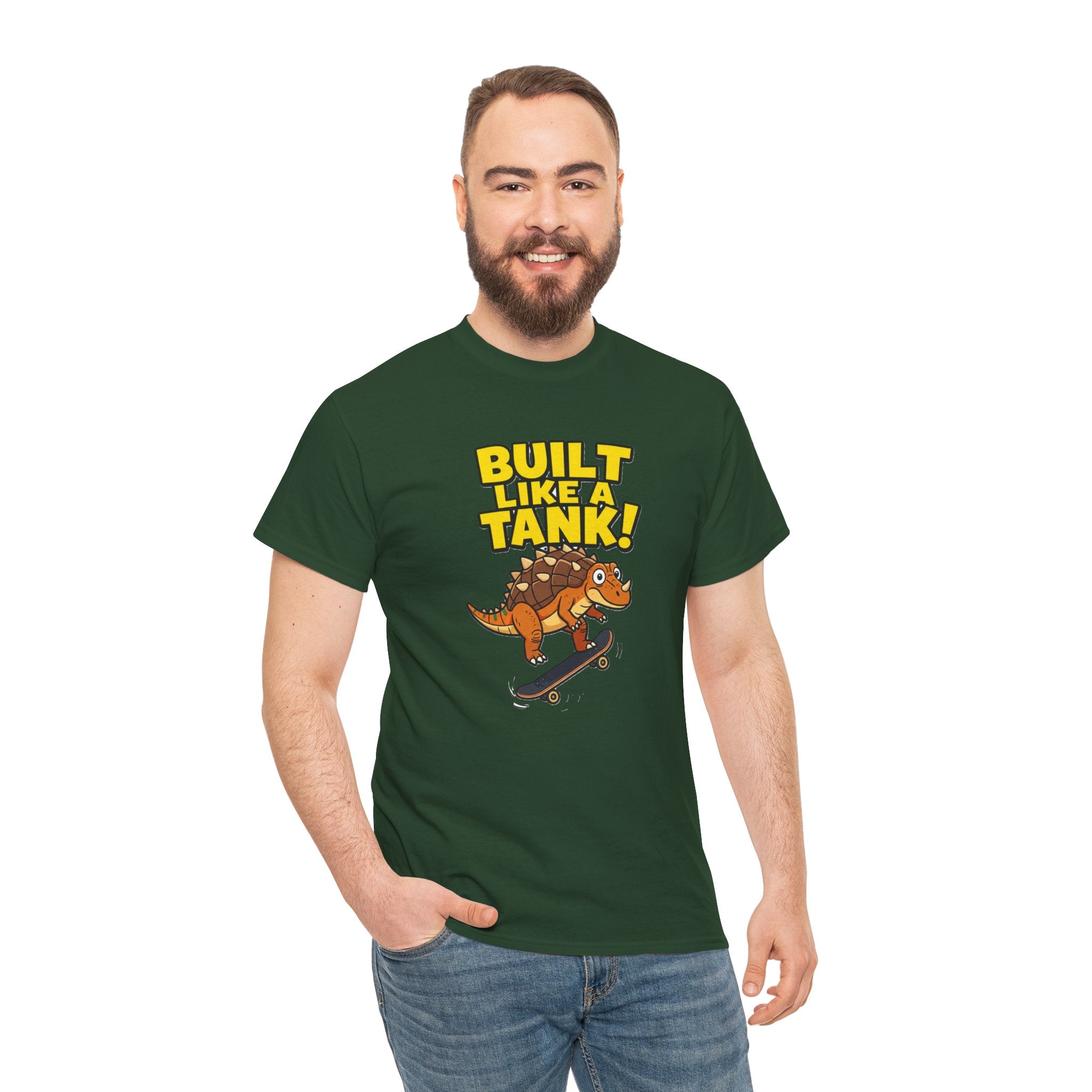 Built Like a Tank T-Shirt – Funny Ankylosaurus Skateboard Cartoon Dinosaur | Armoured Dino Skater Graphic Tee