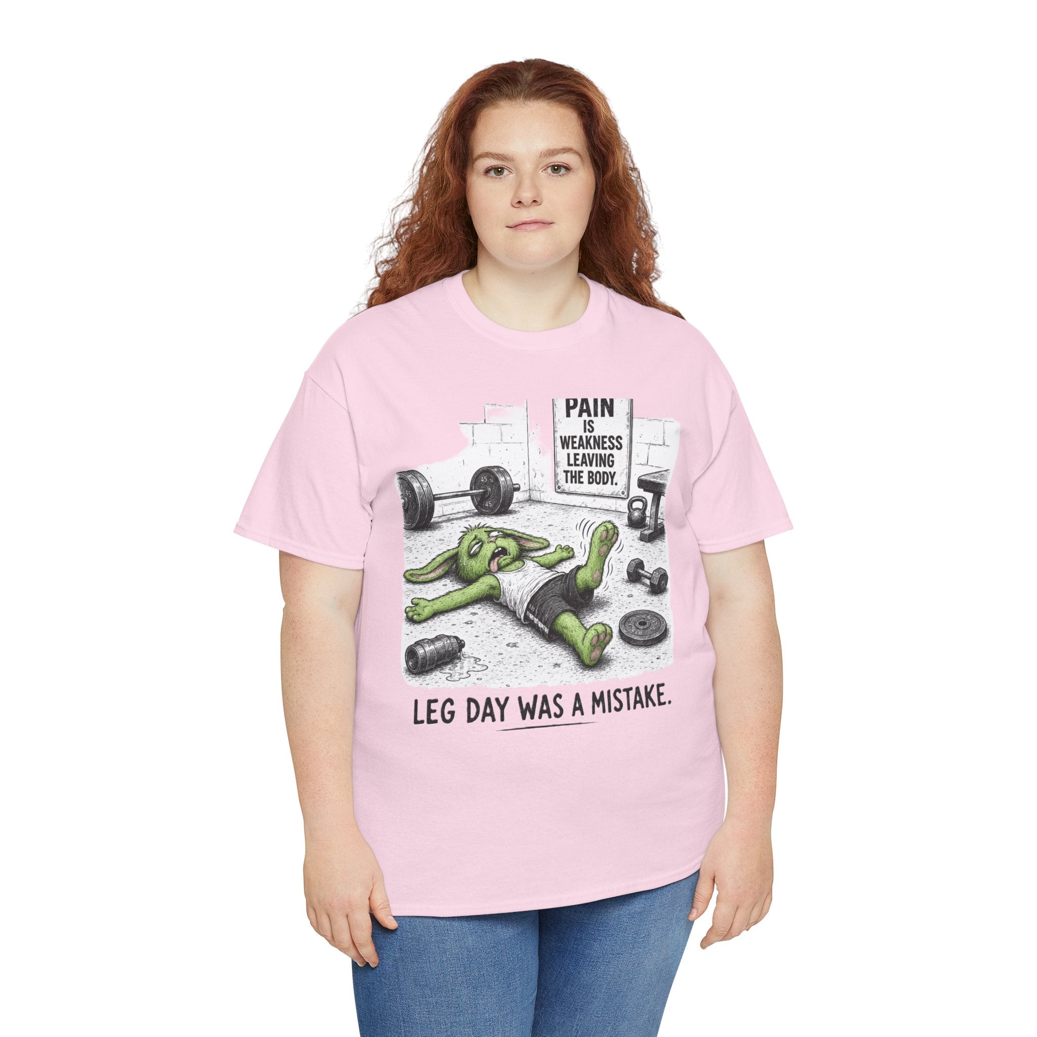 Leg Day Was a Mistake T-Shirt – Funny Gym Bunny Squat Fail | Pain Is Weakness Leaving the Body Graphic Tee