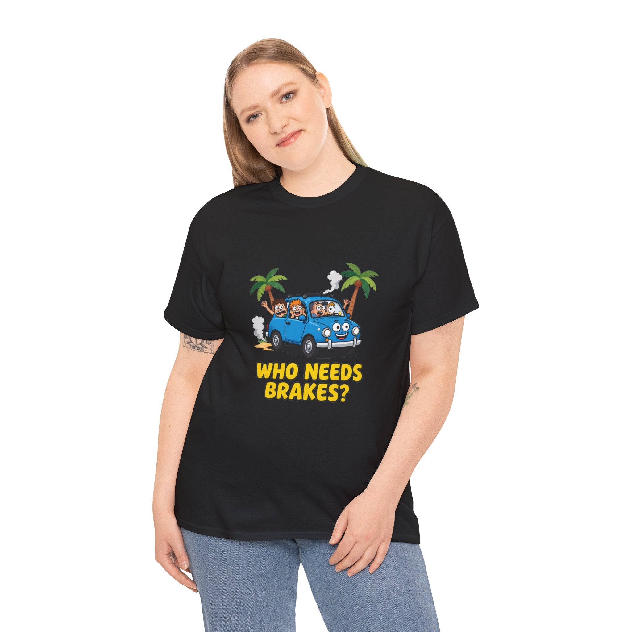 Who Needs Brakes T-Shirt – Funny Cartoon Car Holiday Road Trip | Terrified Passengers Driving Humour Graphic Tee