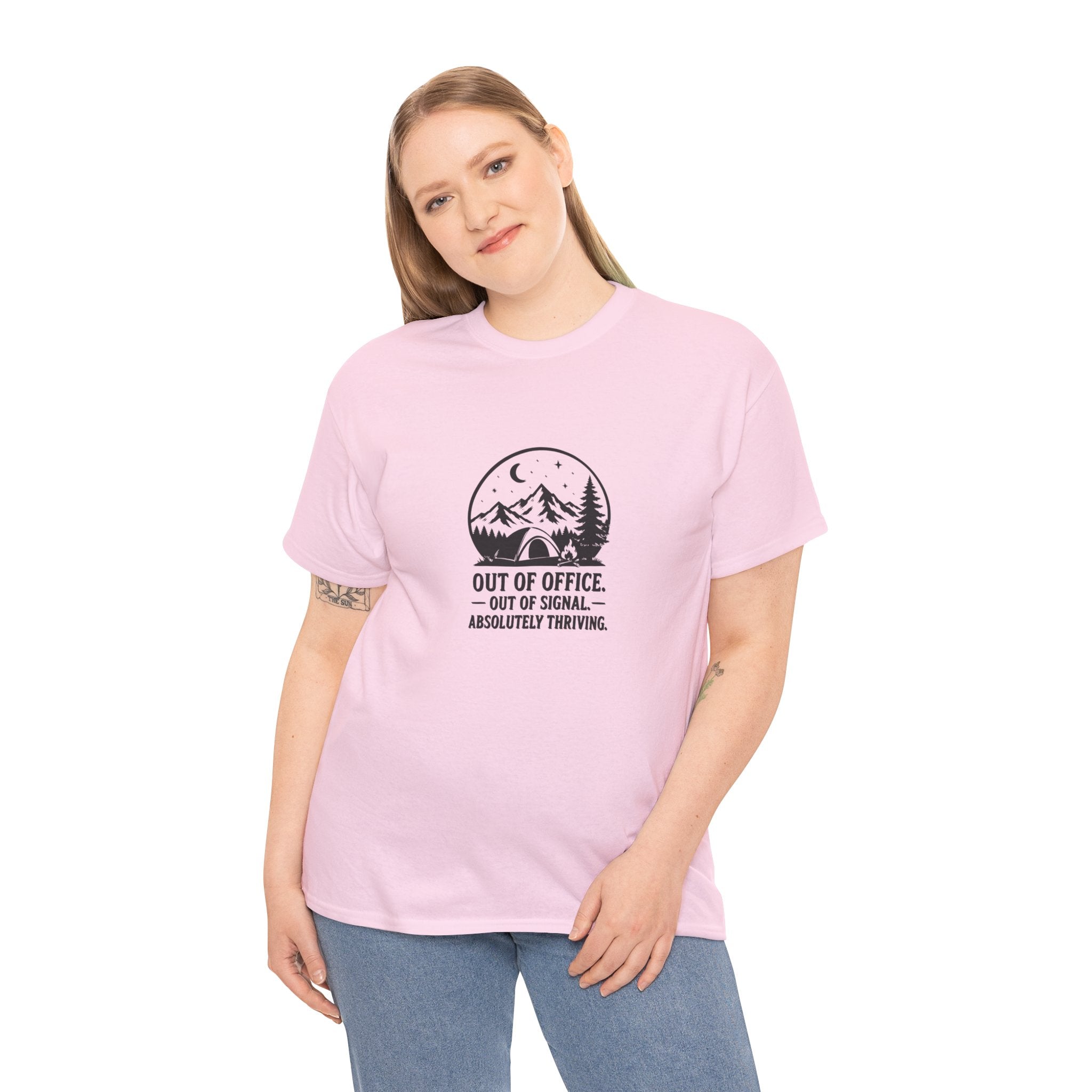 Out of Office Camping T‑Shirt — “Out of Office, Out of Signal, Absolutely Thriving”