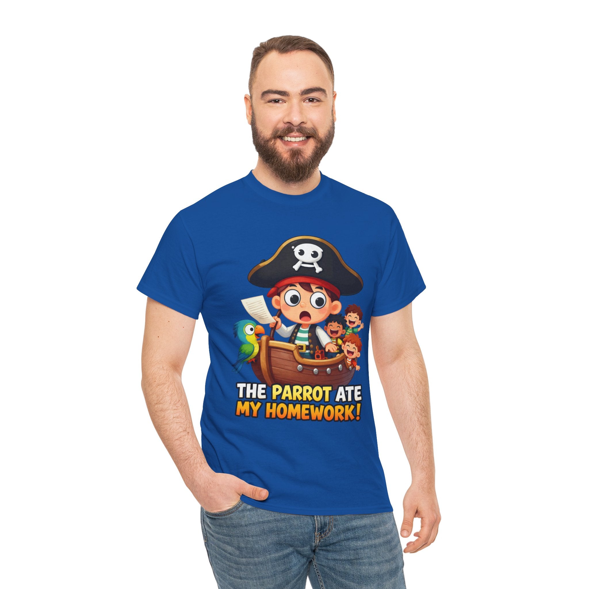 The Parrot Ate My Homework T-Shirt – Funny Pirate School Excuse Cartoon | Kids Pirate Humour Graphic Tee