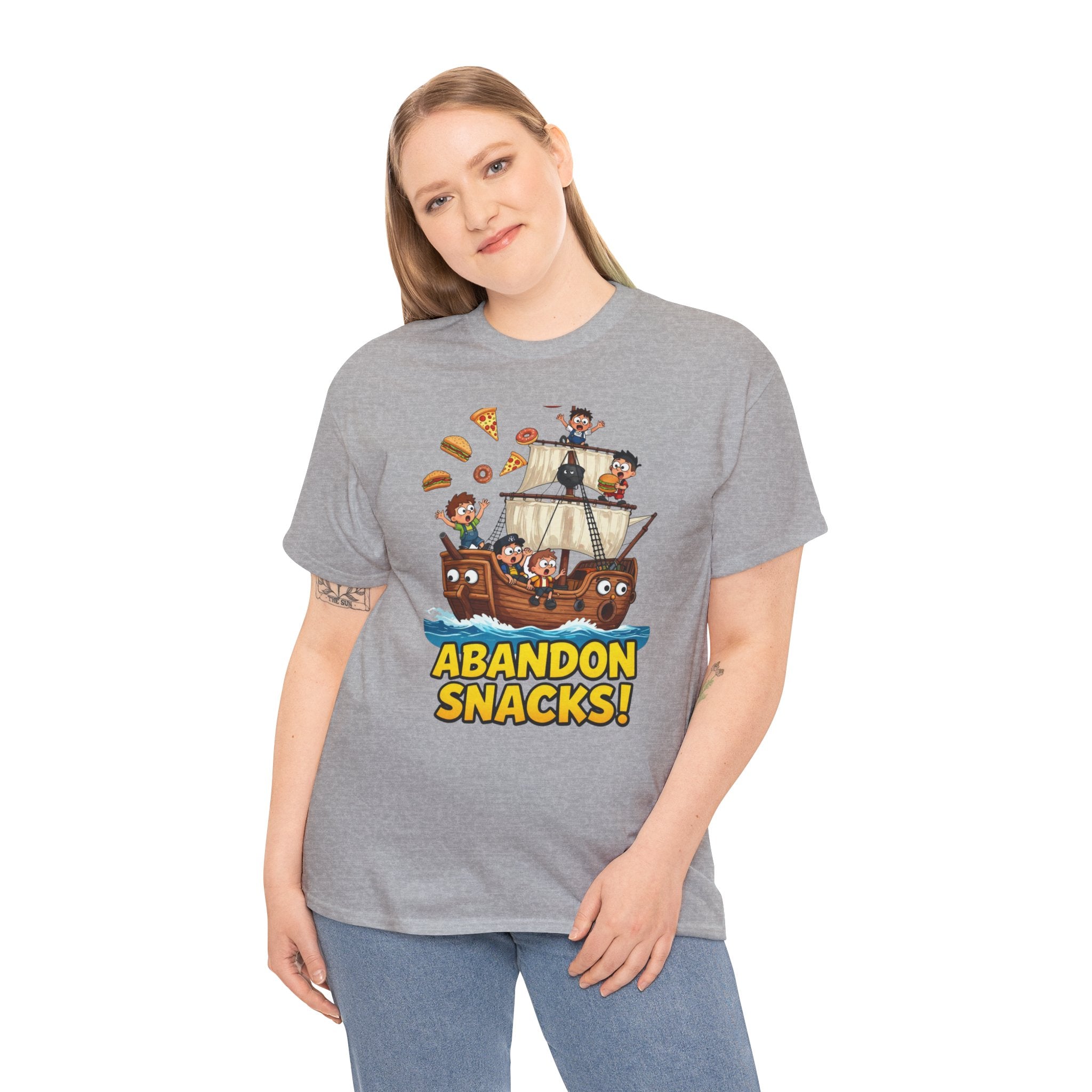Abandon Snacks T-Shirt – Funny Pirate Ship Food Chaos Cartoon | Nautical Humour Foodie Graphic Tee