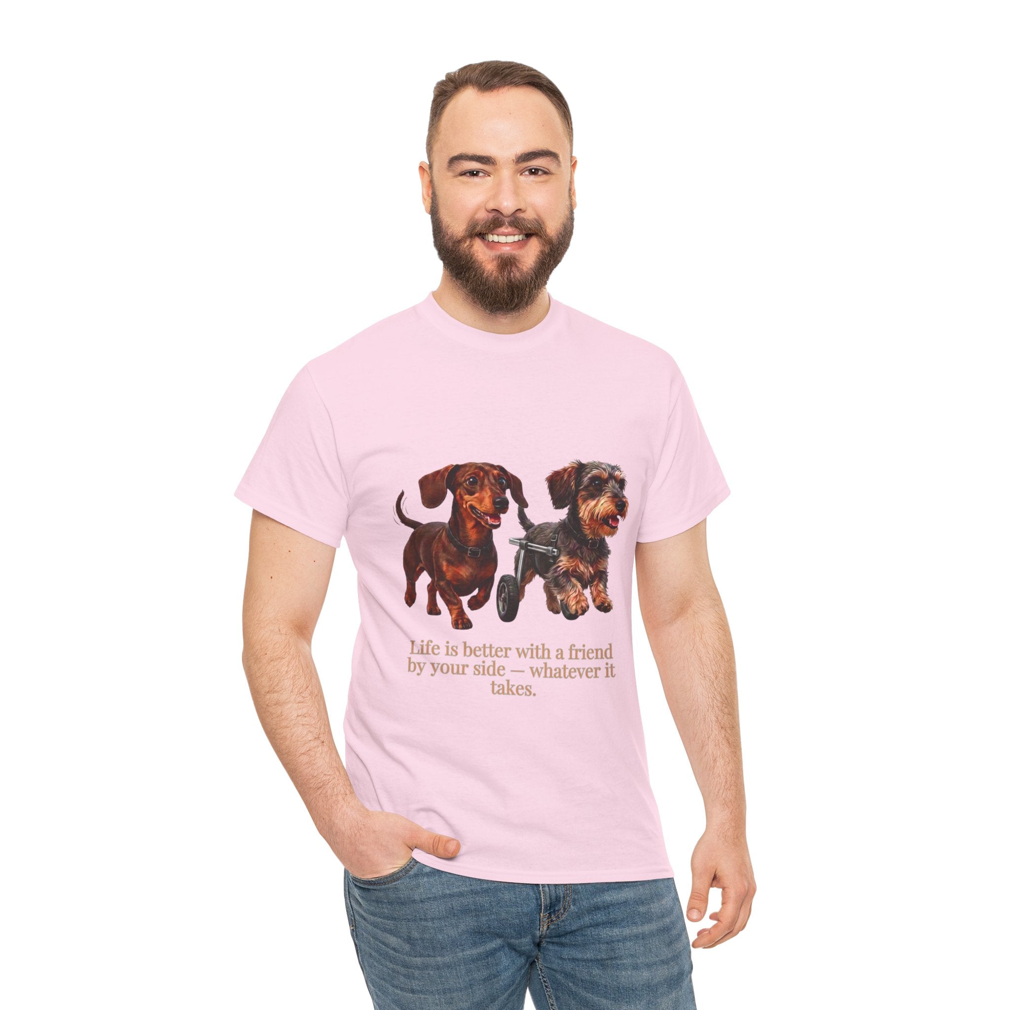 Life Is Better With a Friend by Your Side T-Shirt | Dachshund on Wheels Dog Tee | Heartwarming Furry Friends Graphic T-Shirt
