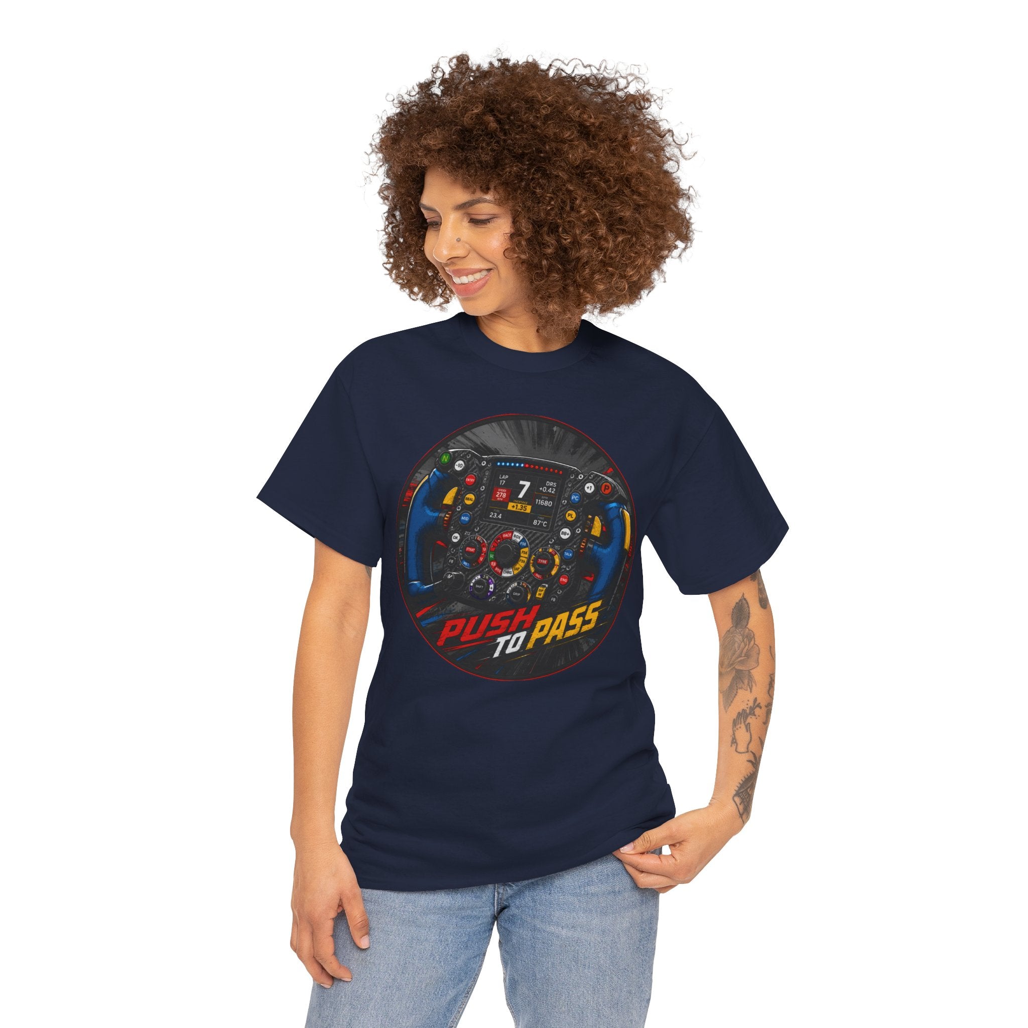 Push to Pass T-Shirt | F1 Steering Wheel Graphic Tee | Formula 1 Racing Cockpit Shirt | Motorsport Technical Diagram Art
