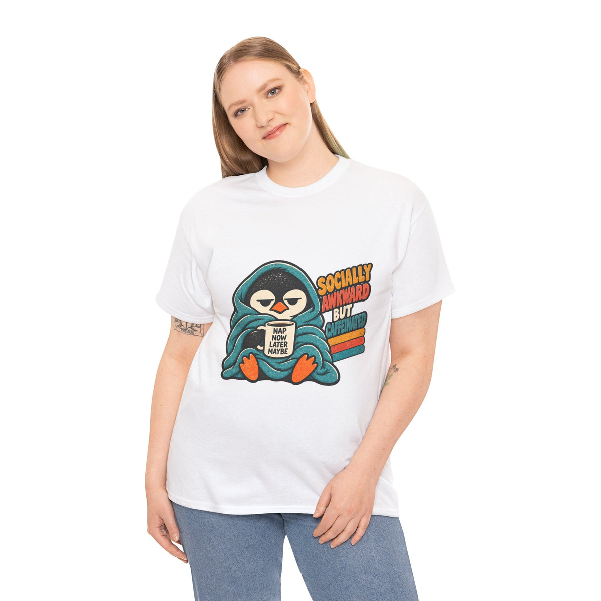 Socially Awkward But Caffeinated Penguin T-Shirt – Funny Introvert Coffee Tee