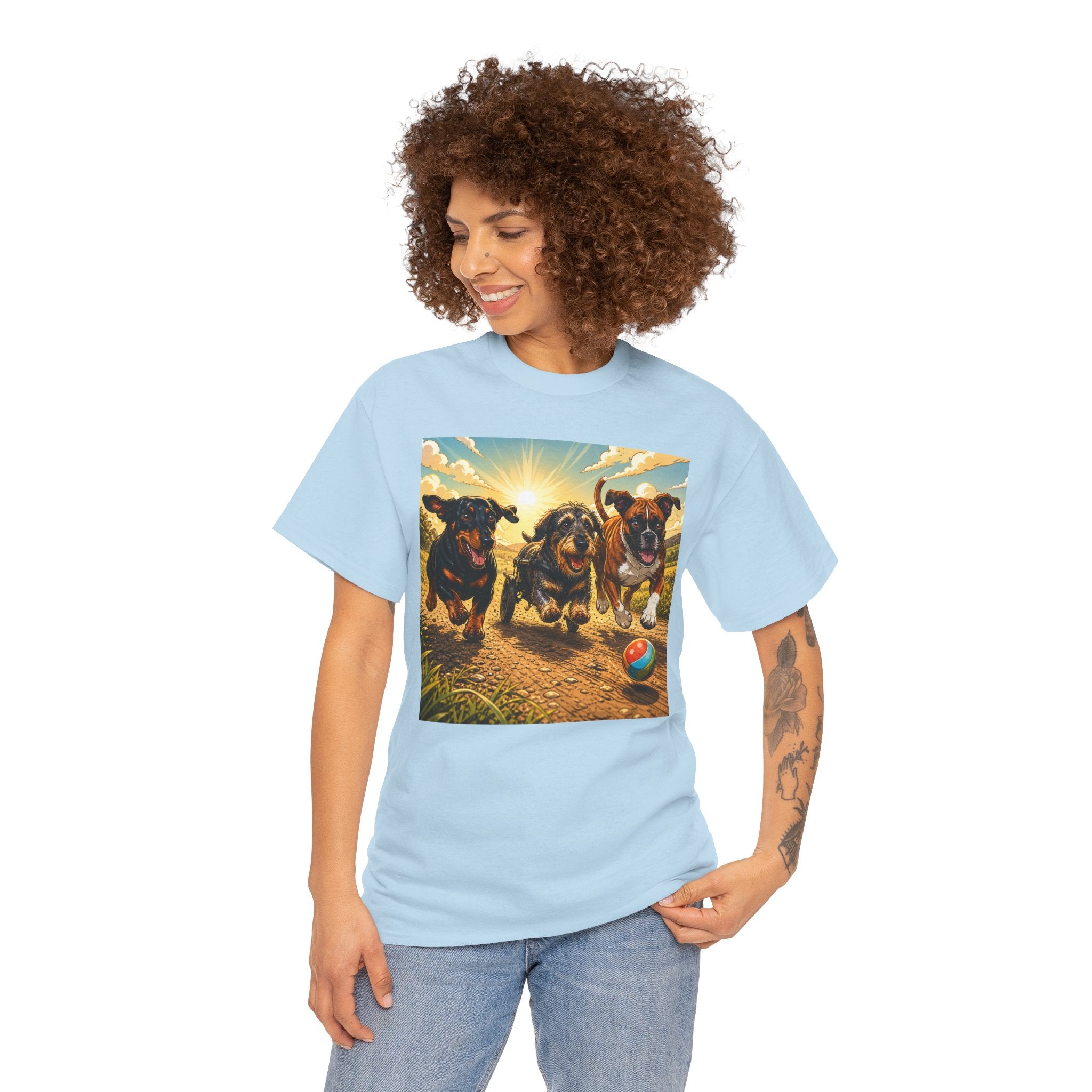 Three Dogs No Limits T-Shirt | Wheelchair Dachshund Boxer Friendship Tee | Inclusive Pet Lover Graphic Shirt |Dog Awareness Gift