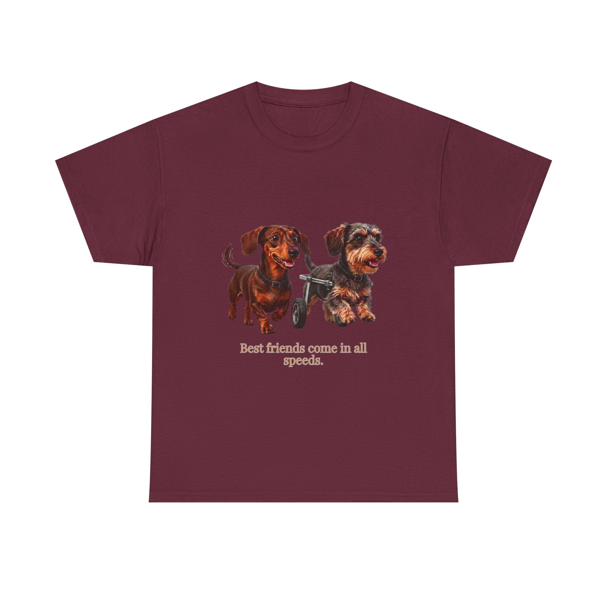 Dachshund Friends T-Shirt — Best Friends Roll Together | Cute Dachshund Mobility Dog Tee | Heartwarming Furry Friends Graphic T-Shirt