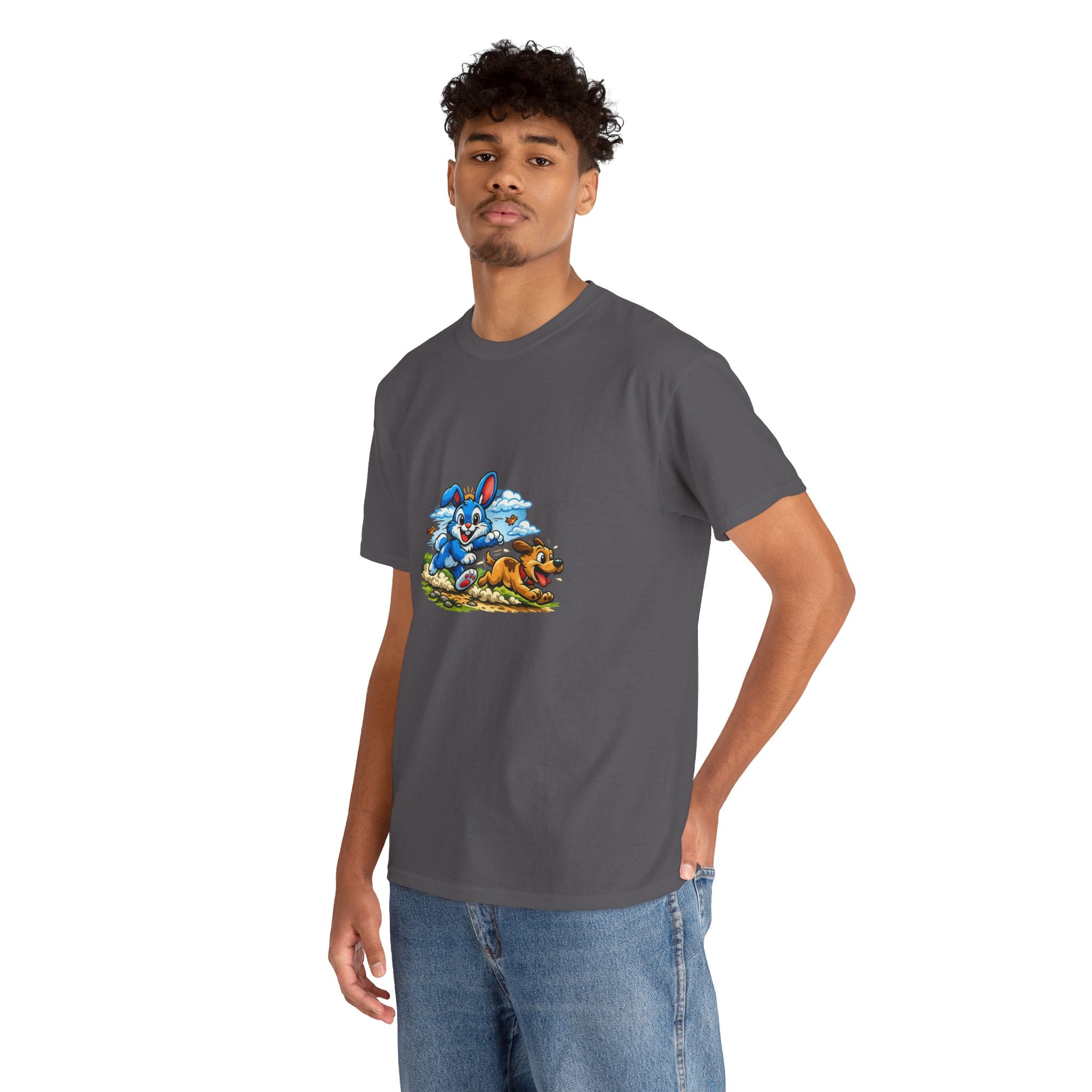 T-Shirt — Playful Blue Bunny & Dog Cartoon Graphic Tee