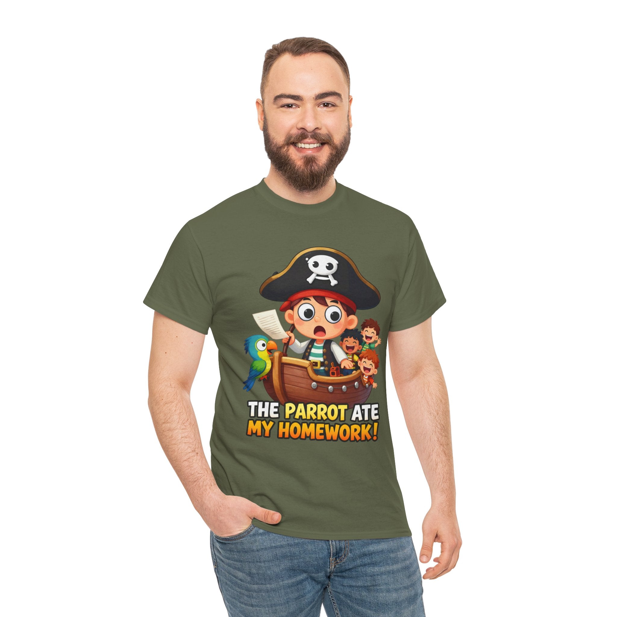 The Parrot Ate My Homework T-Shirt – Funny Pirate School Excuse Cartoon | Kids Pirate Humour Graphic Tee