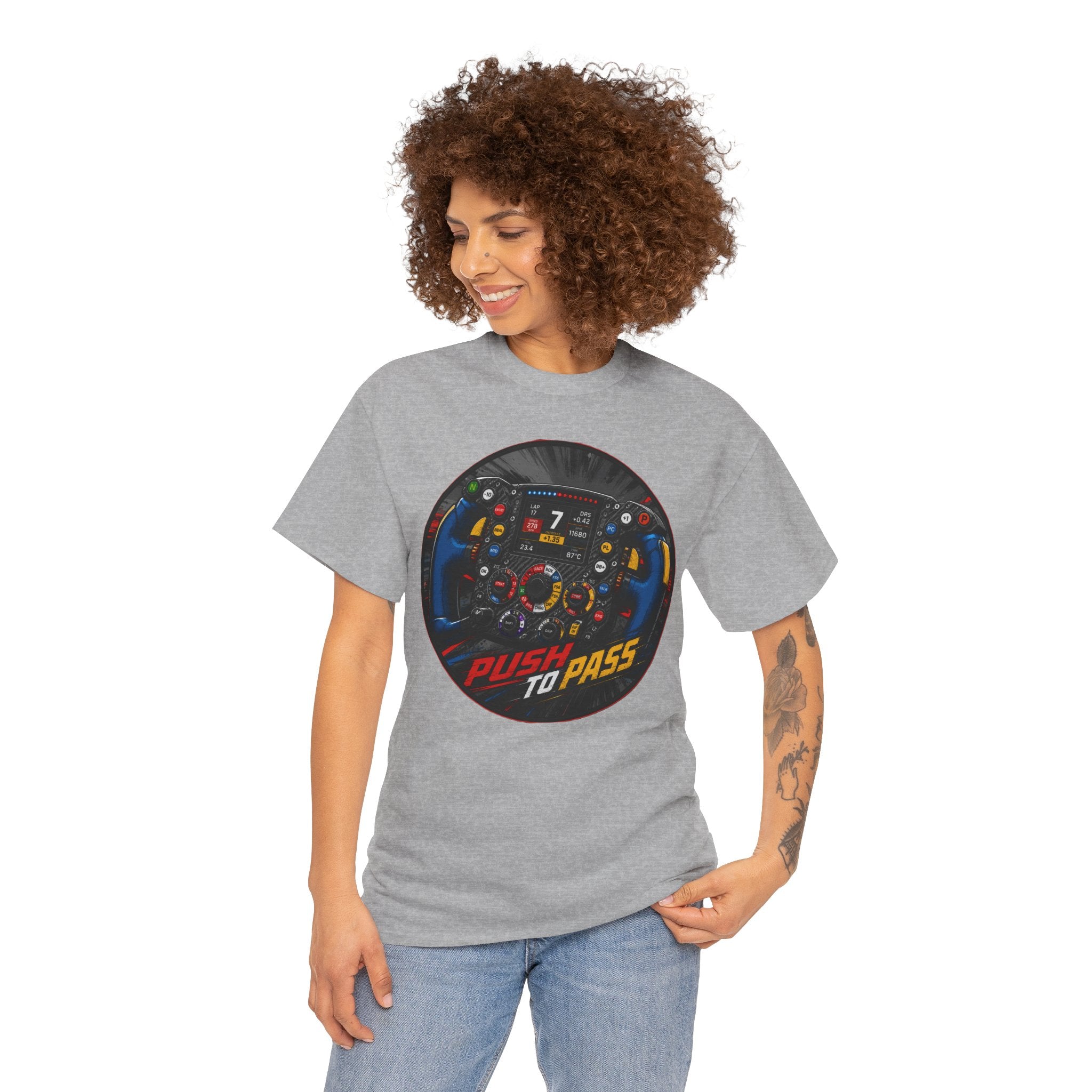 Push to Pass T-Shirt | F1 Steering Wheel Graphic Tee | Formula 1 Racing Cockpit Shirt | Motorsport Technical Diagram Art