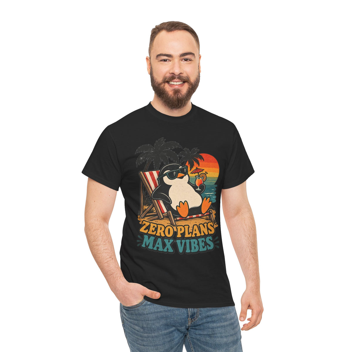 T-Shirt — "Zero Plans, Max Vibes" Penguin Beach Tee