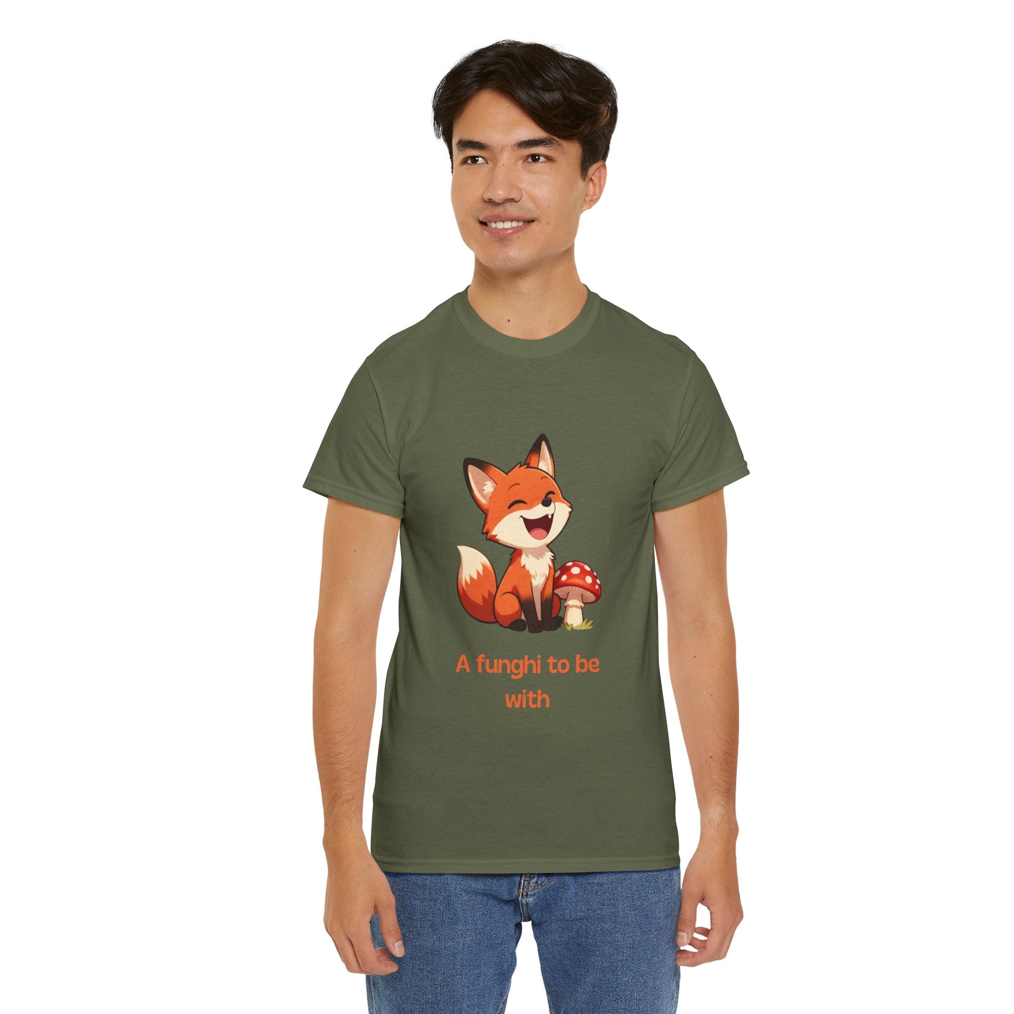 Funny Cartoon Fox T-Shirt | "A Funghi To Be With" Cute Mushroom Pun Tee