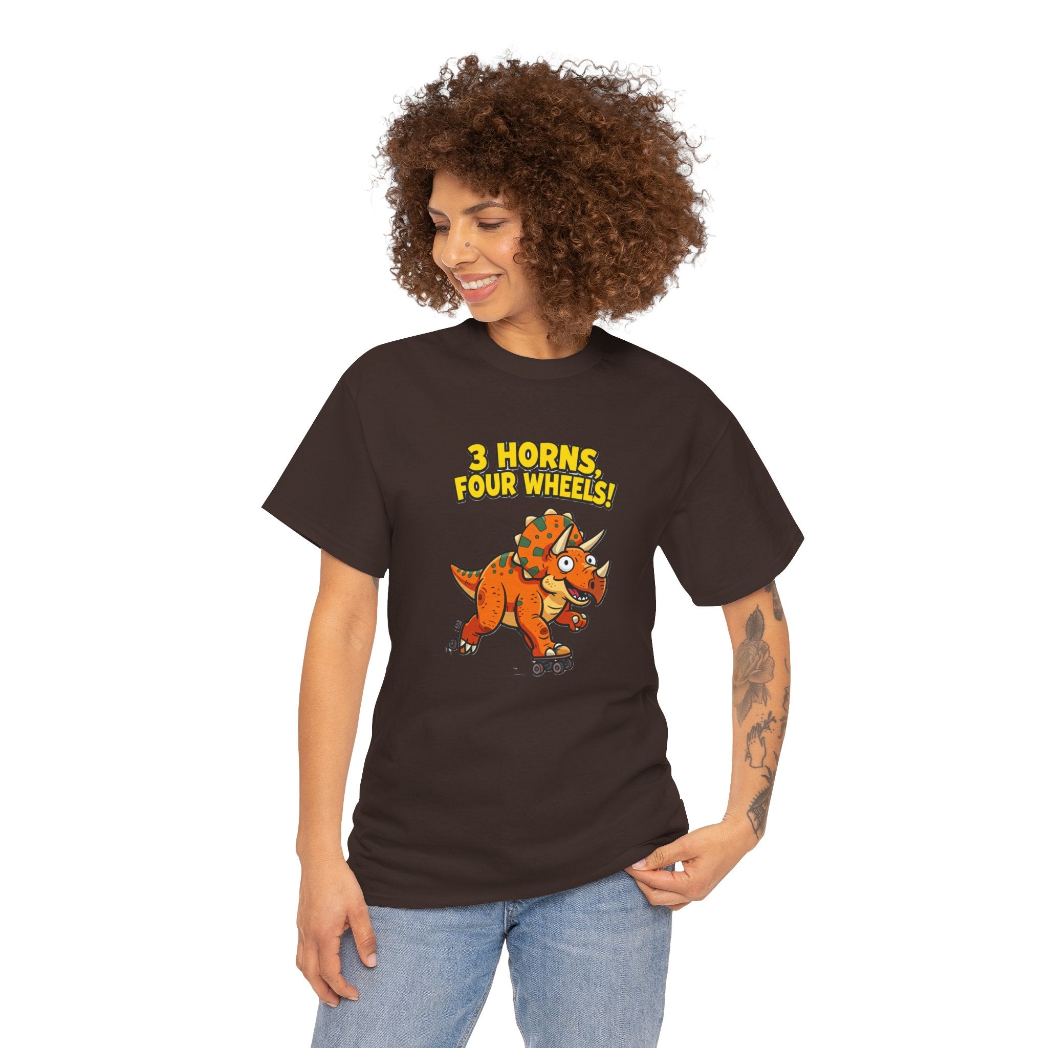 3 Horns Four Wheels T-Shirt – Funny Triceratops Roller Skate Cartoon Dinosaur | Dino Skater Graphic Tee