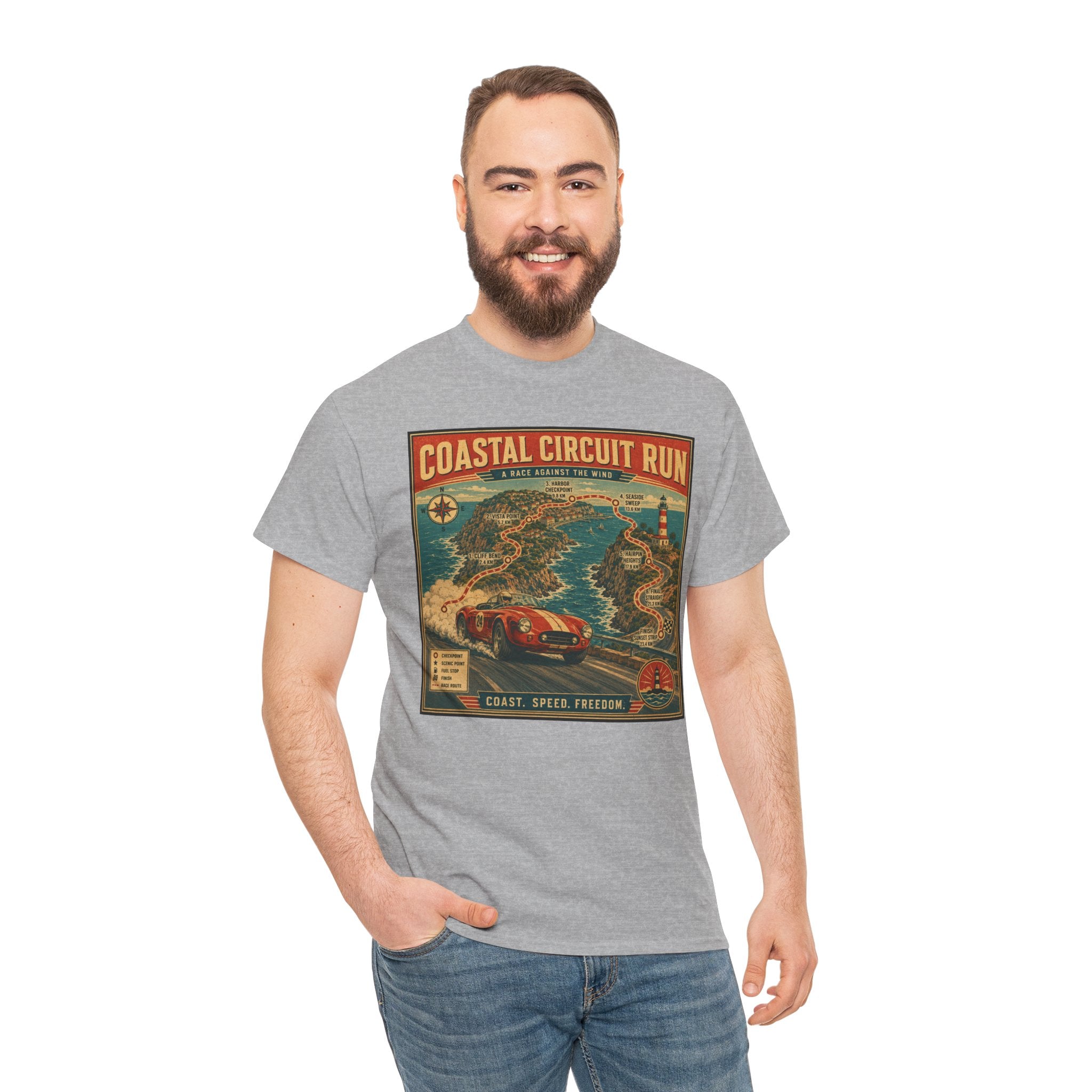 Coastal Circuit Run T-Shirt | Vintage Racing Map Graphic Tee | Classic Car Rally Route Shirt | Retro Motorsport Travel Poster Art