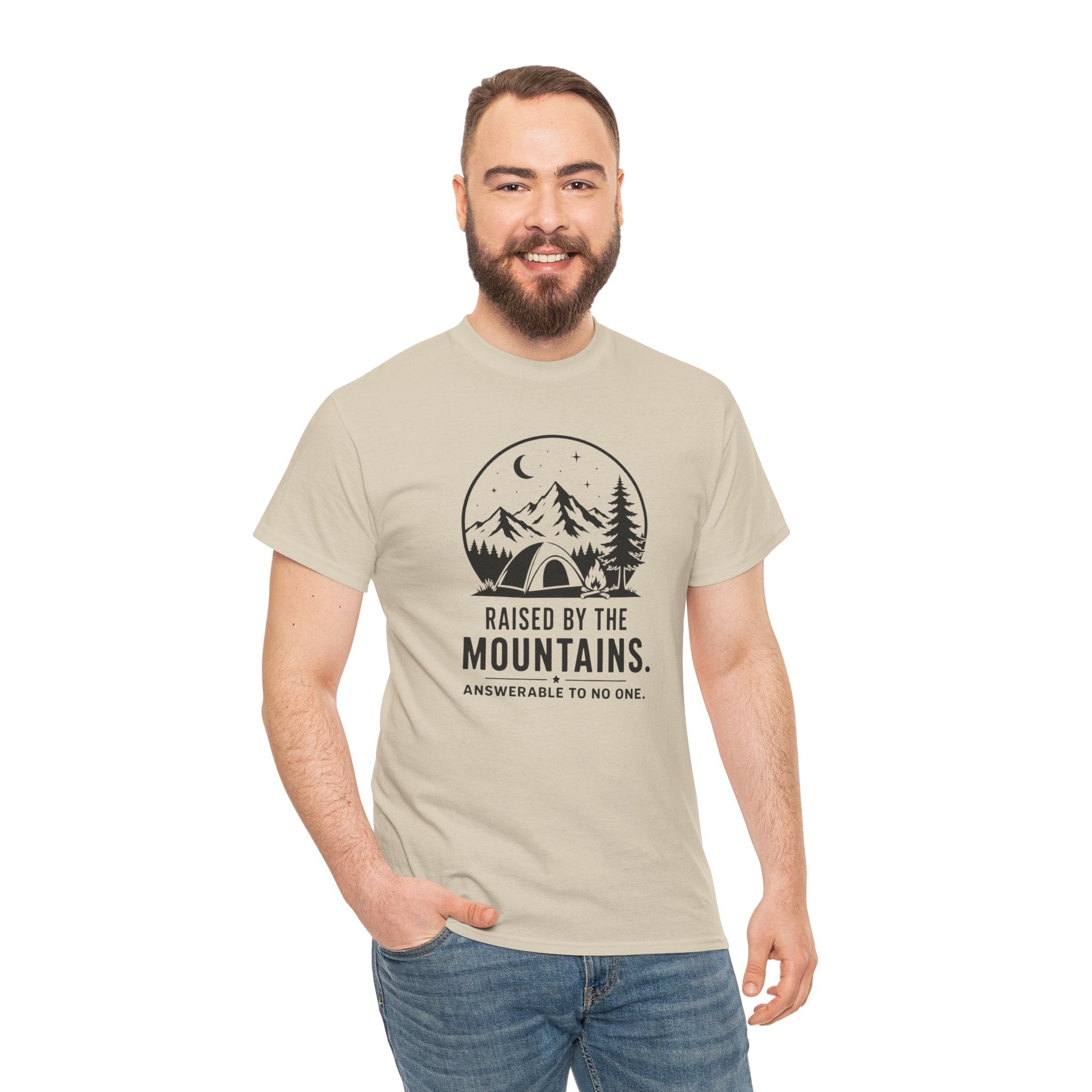 Mountain Camp Graphic Tee — "Raised by the Mountains" Adventure T‑Shirt