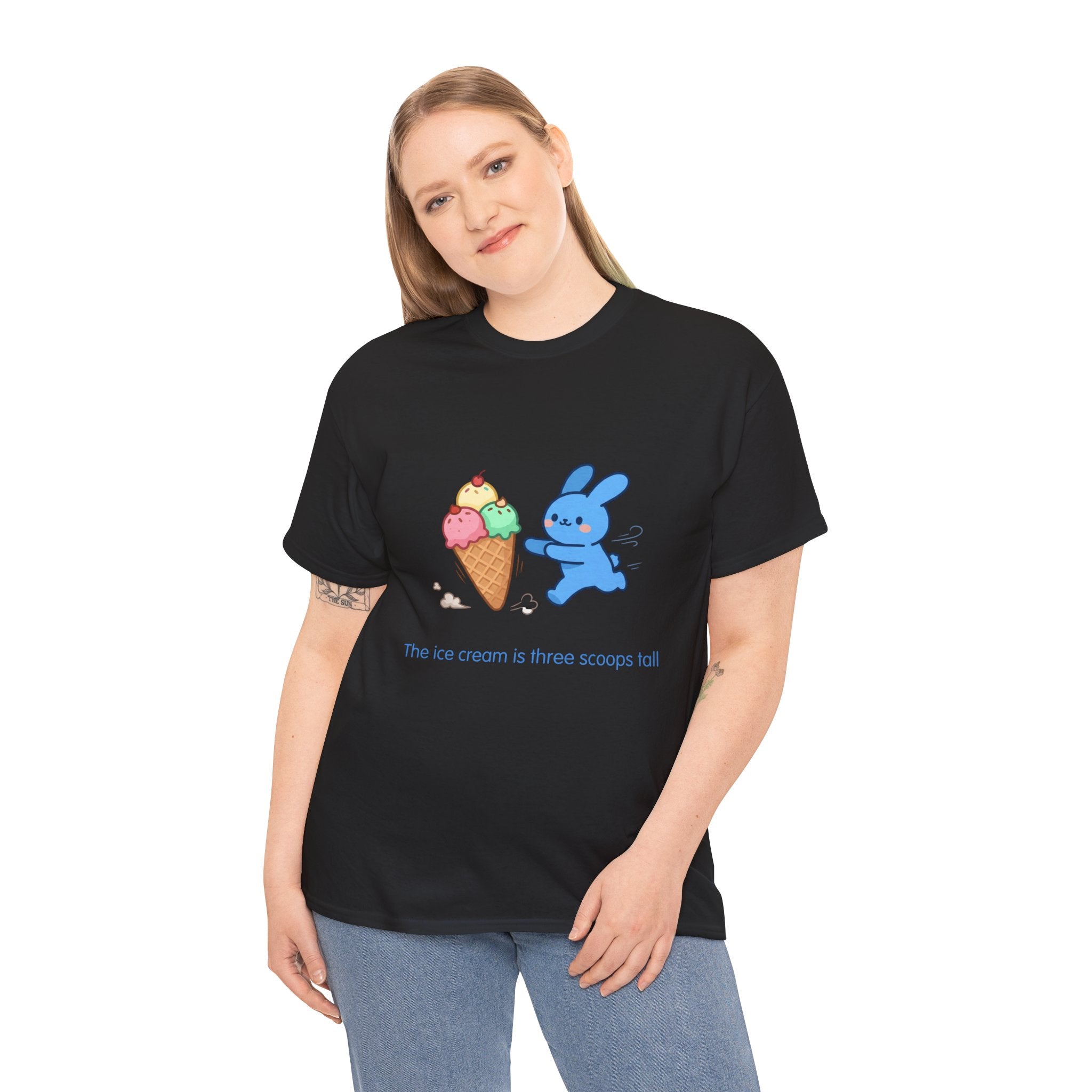 Ice Cream Bunny T-Shirt — The ice cream is three scoops tall. The bunny is determined.