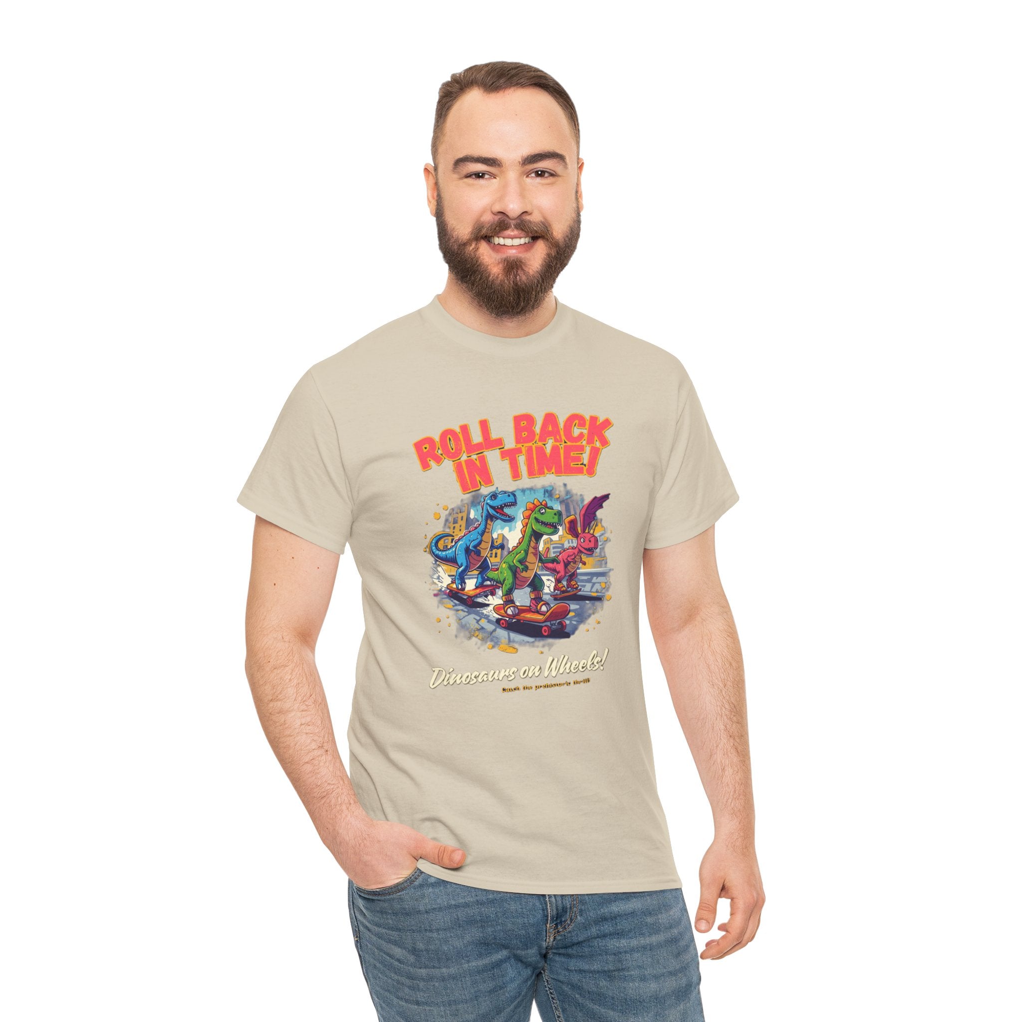 Roll Back In Time T-Shirt | Skateboarding Dinosaurs Street Art Design | Funny Dino Graphic Tee | Cartoon Fun Collection