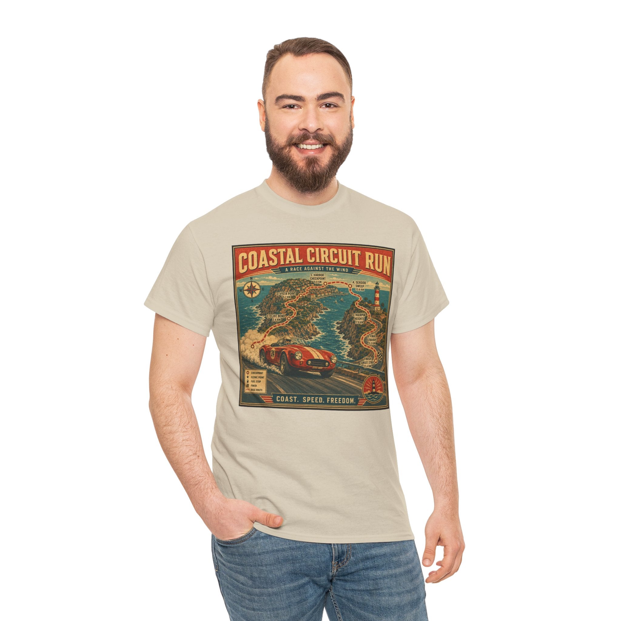 Coastal Circuit Run T-Shirt | Vintage Racing Map Graphic Tee | Classic Car Rally Route Shirt | Retro Motorsport Travel Poster Art