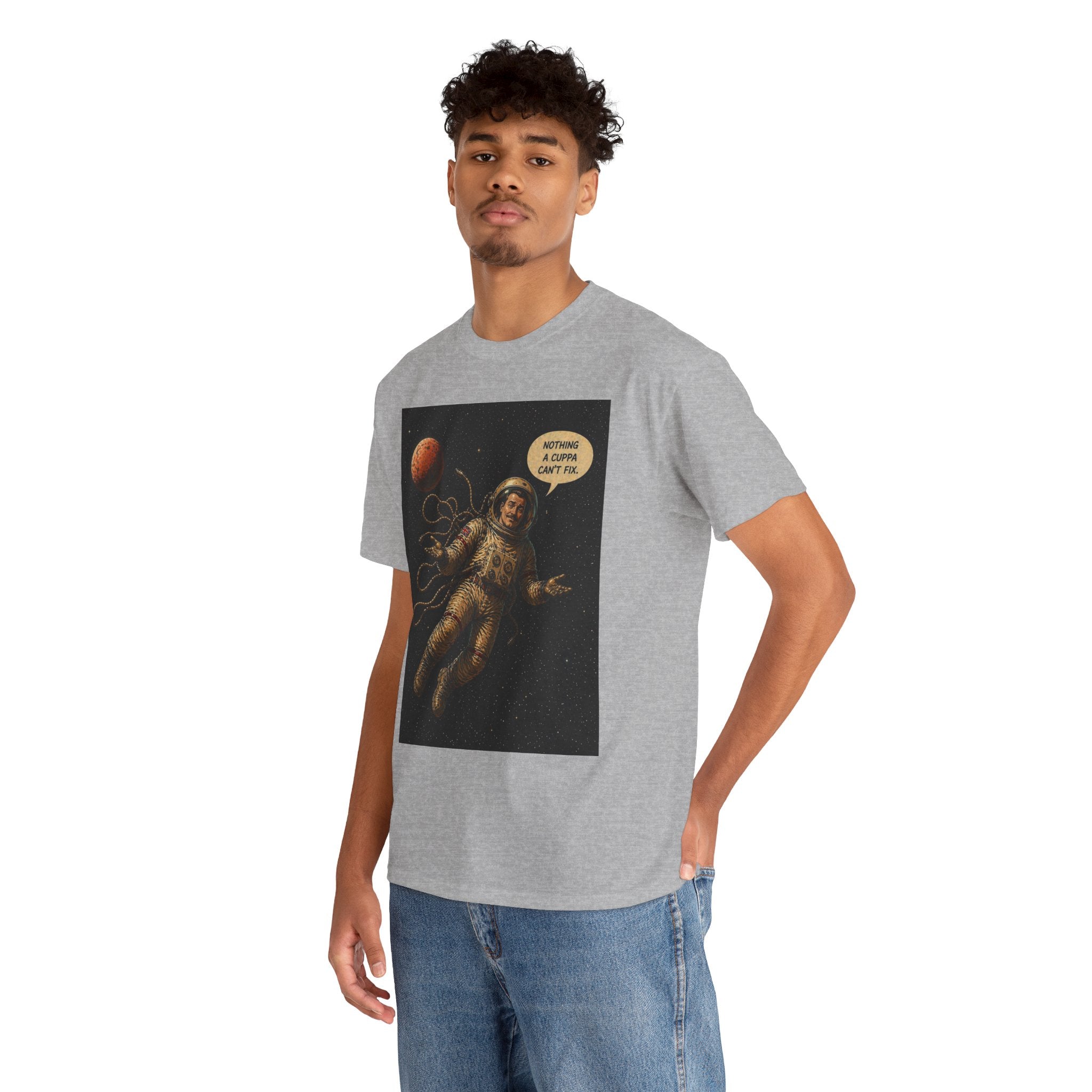 Nothing a Cuppa Can't Fix T-Shirt | Funny Astronaut Space Graphic Tee | British Humour Sci-Fi Shirt