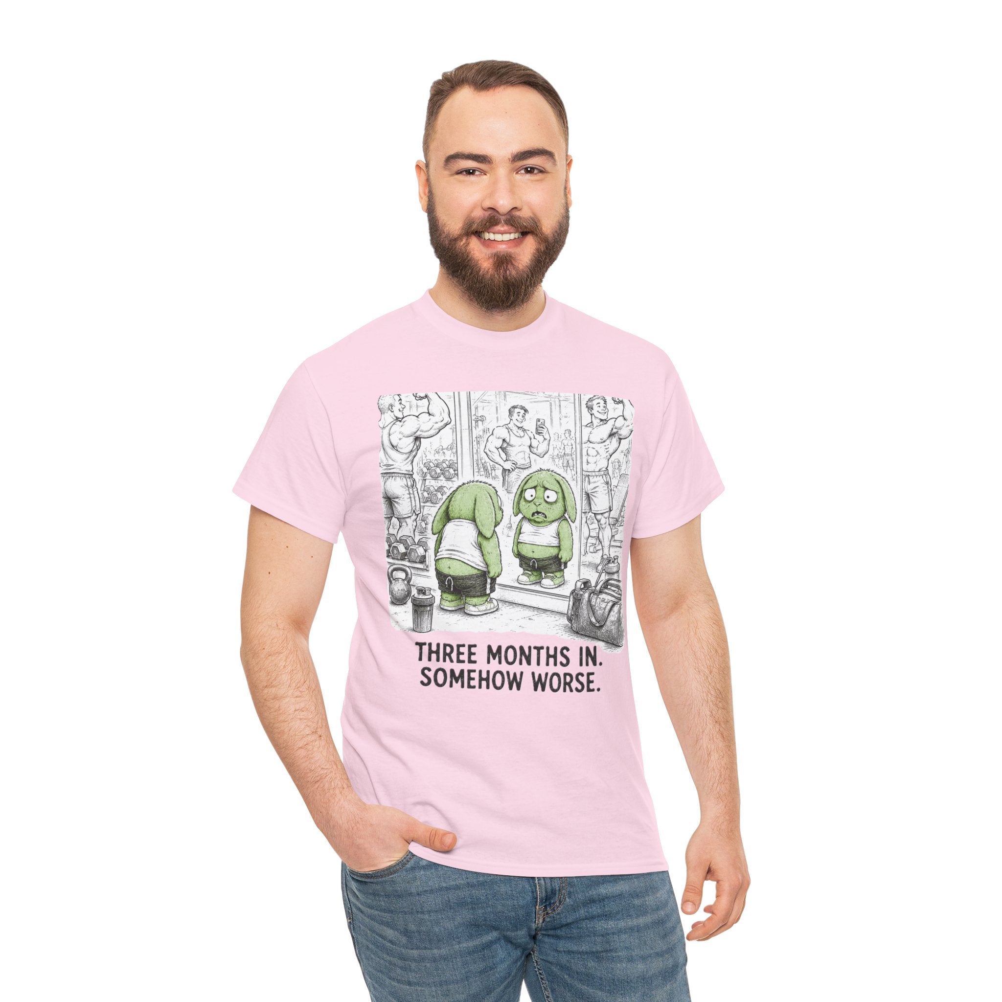 Three Months In Somehow Worse T-Shirt – Funny Gym Mirror Fail | New Year Resolution Workout Graphic Tee