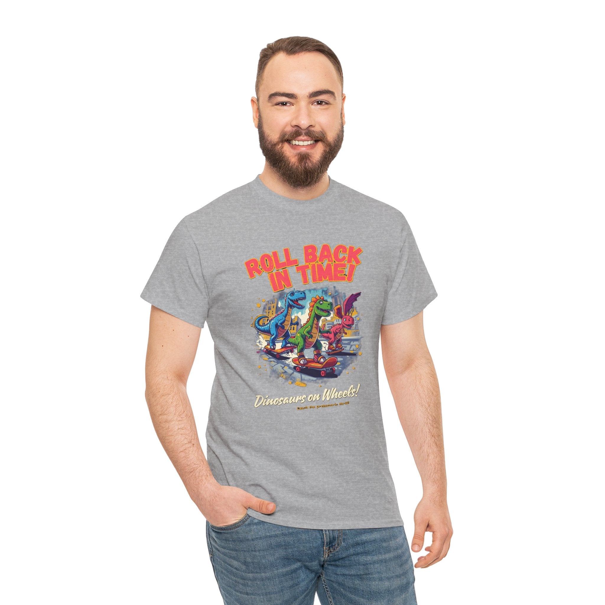 Roll Back In Time T-Shirt | Skateboarding Dinosaurs Street Art Design | Funny Dino Graphic Tee | Cartoon Fun Collection