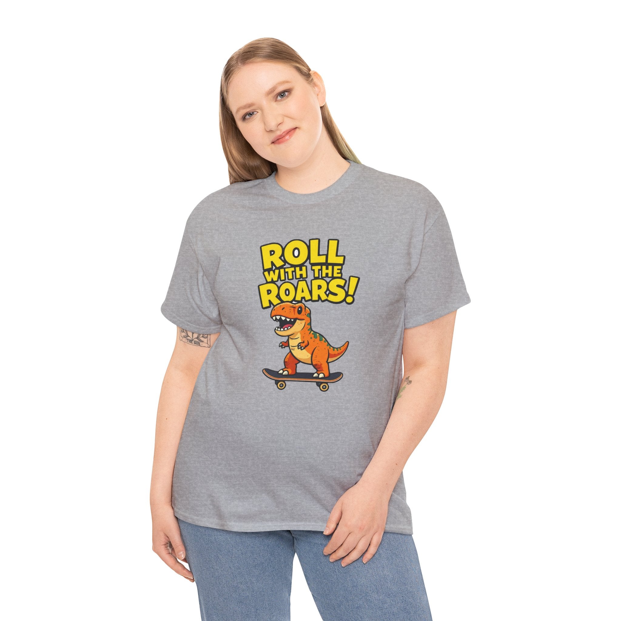 Roll With the Roars T-Shirt – Funny T-Rex Skateboard Cartoon Dinosaur | Dino Skater Graphic Tee