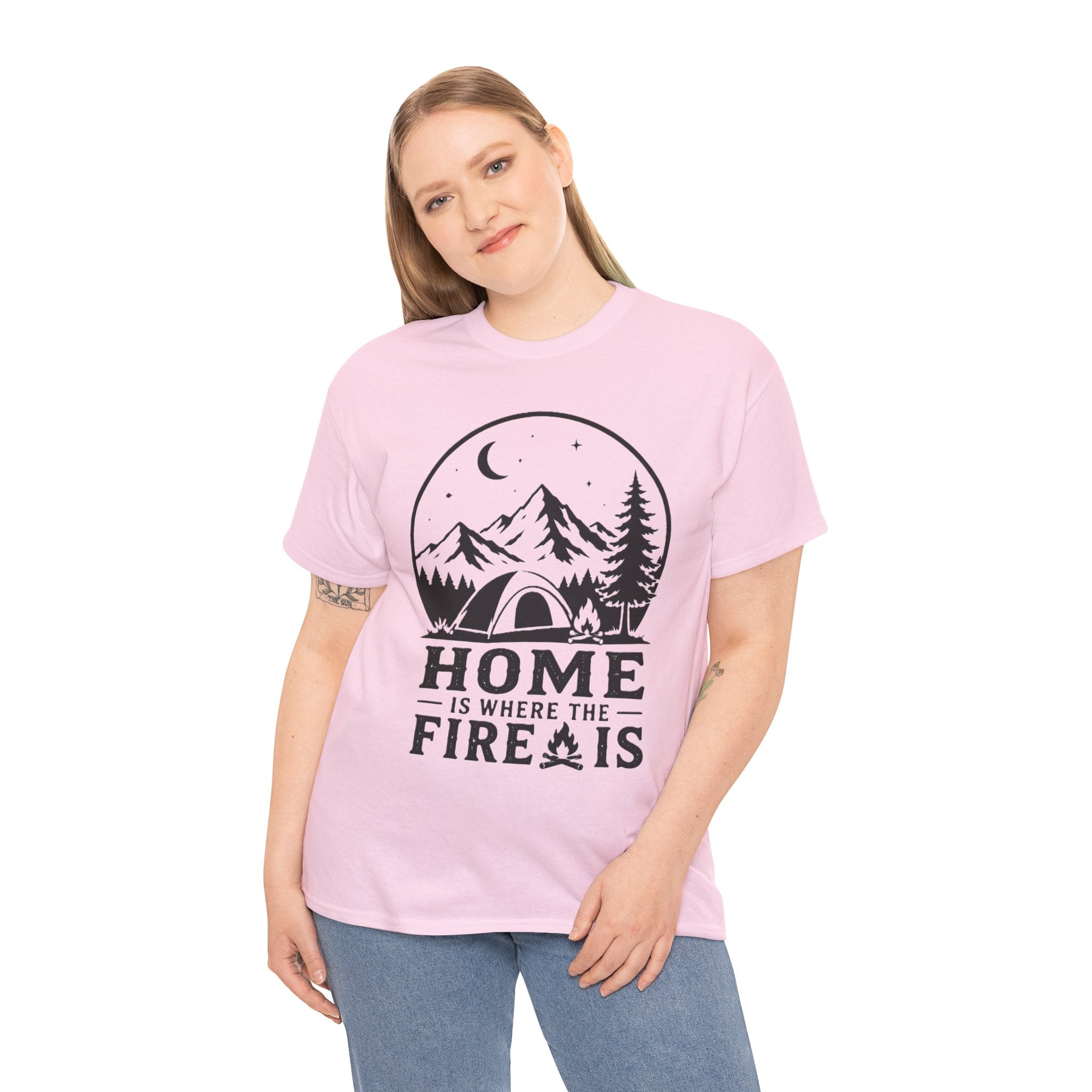 Camping T-Shirt — "Home Is Where The Fire Is" Outdoor Campfire Tee - Four bars of signal lost. One entire soul found.