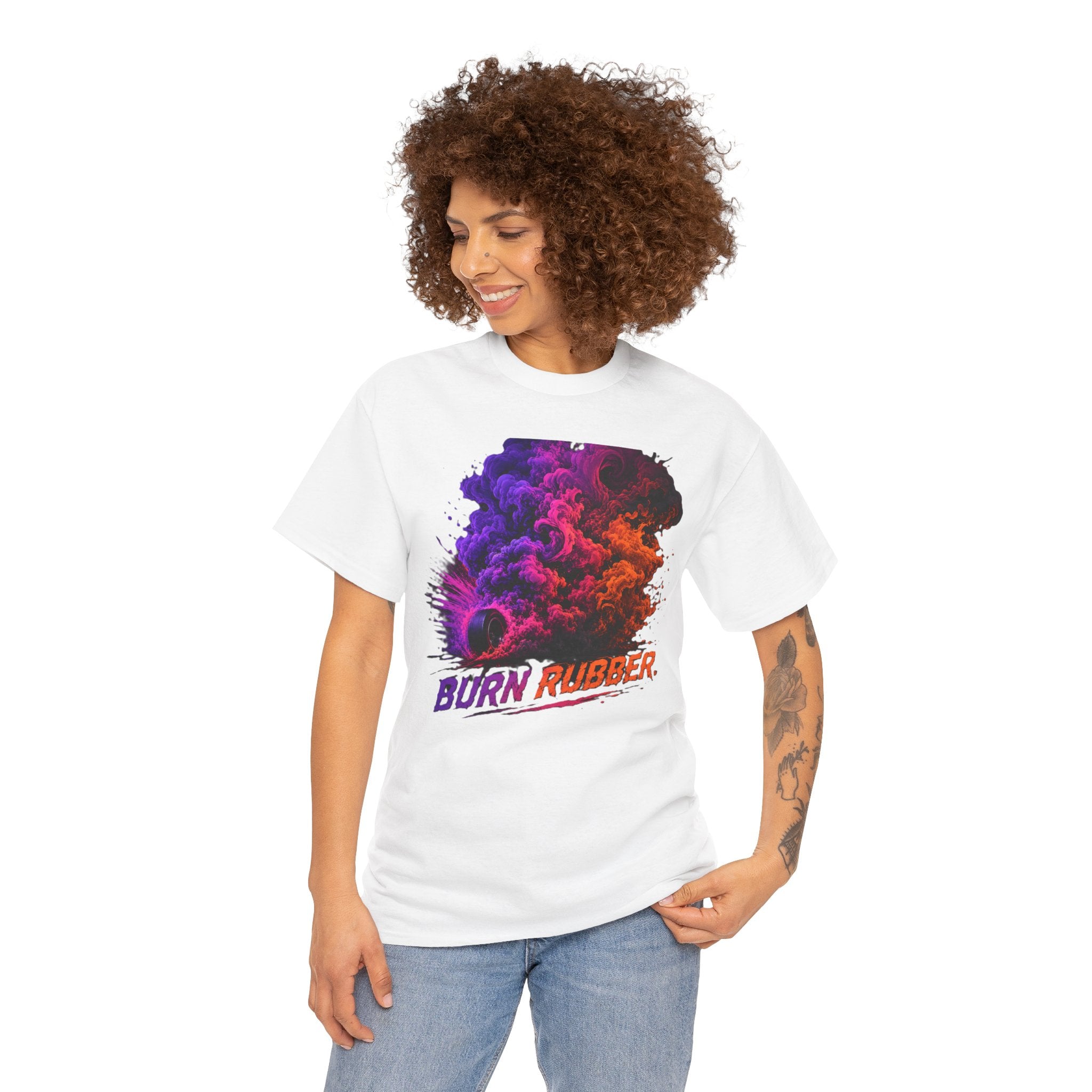 Burn Rubber T-Shirt | Tire Smoke Burnout Graphic Tee | Colorful Drift Racing Shirt | Car Culture Street Racing Art