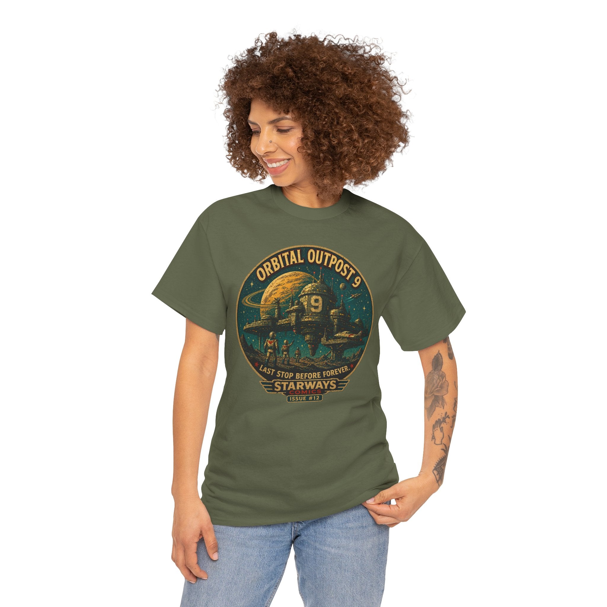 Orbital Outpost 9 T-Shirt | Retro Sci-Fi Space Station Graphic Tee | Vintage Astronaut Comic Shirt | Starways Comics Issue 12