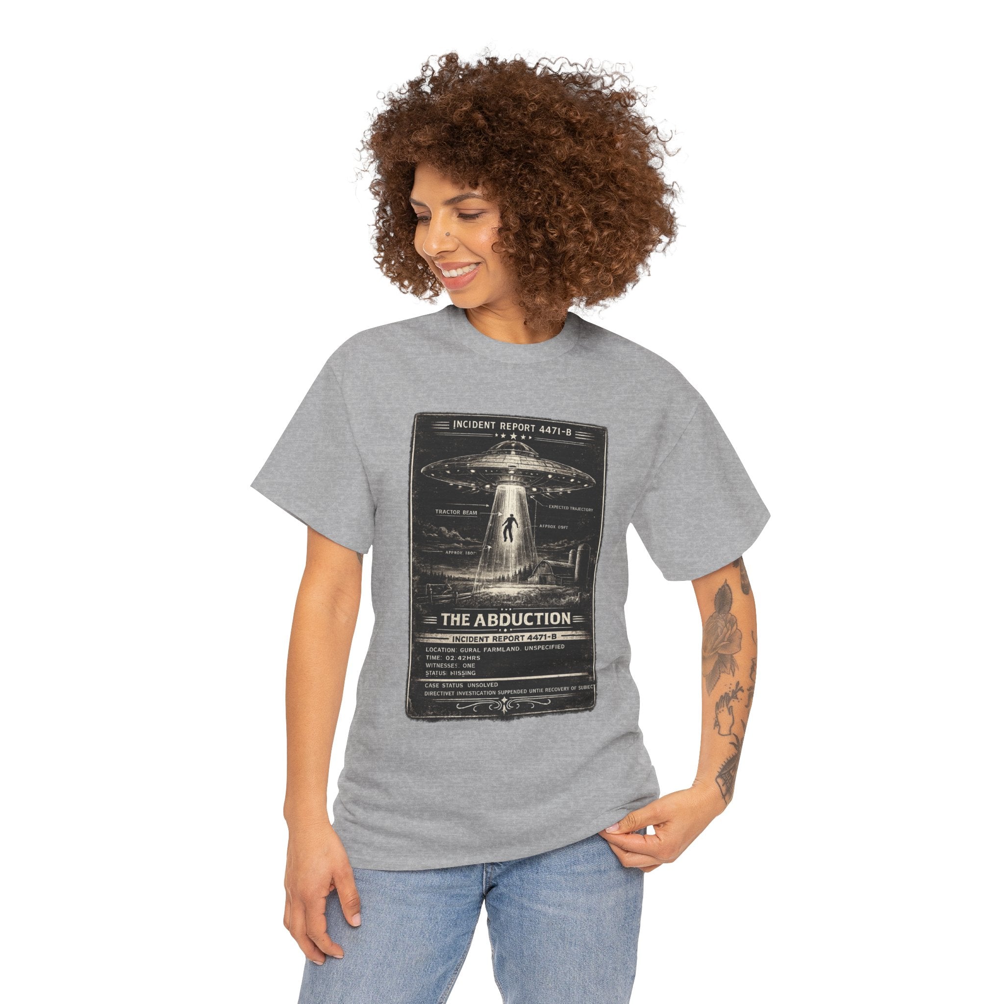 The Abduction – Close Encounter Tractor Beam Field Incident Report Vintage UFO Graphic T-Shirt