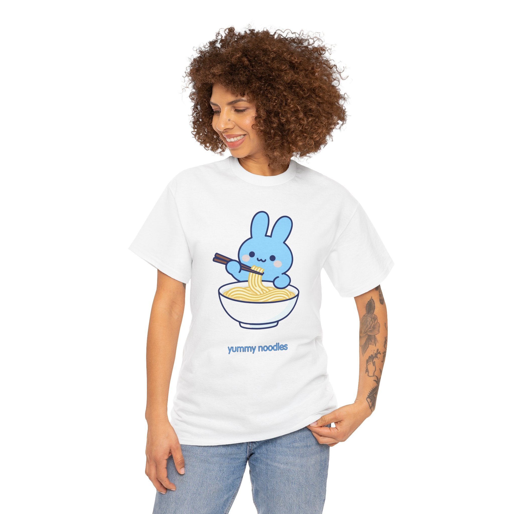 Yummy Noodles Blue Bunny T-Shirt | Cute Kawaii Rabbit Ramen Tee | Kids & Family Graphic T-Shirt