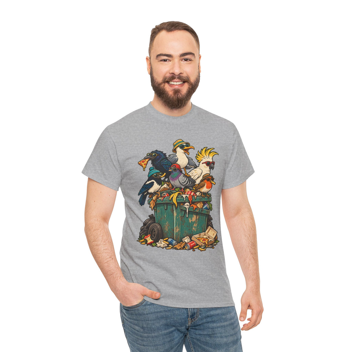 The Bin Squad Funny Birds T-Shirt – Cartoon Birds Raiding a Wheelie Bin Tee