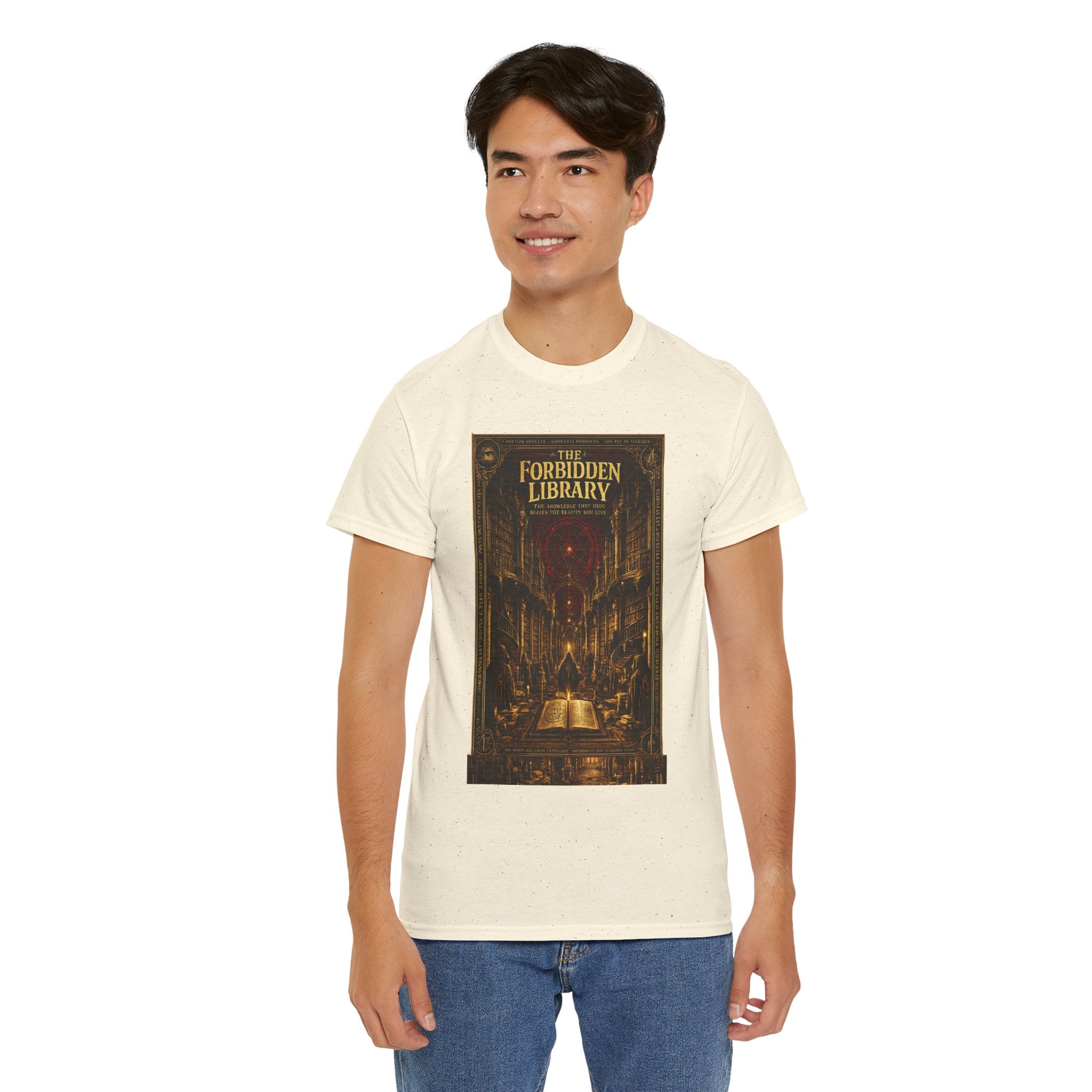 The Forbidden Library T-Shirt | Occult Grimoire Graphic Tee | Esoteric Gothic Bookshelf Shirt | Dark Academia Mystic Art