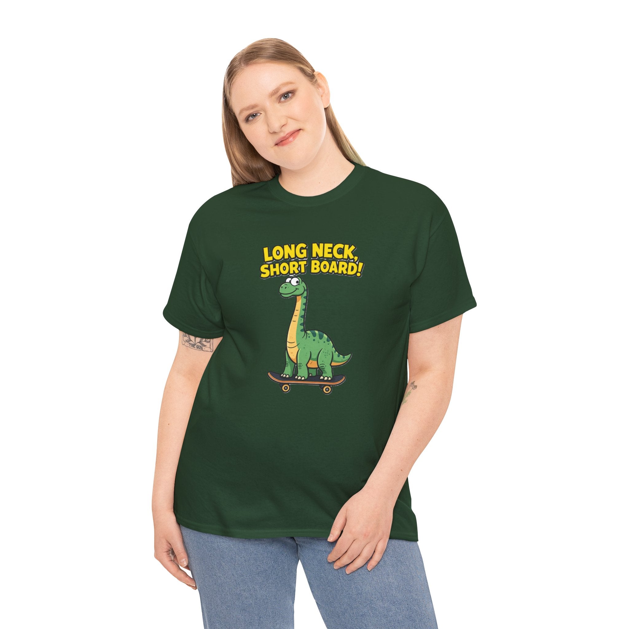 Long Neck Short Board T-Shirt – Funny Brachiosaurus Skateboard Cartoon Dinosaur | Tall Dino Skater Pun Graphic Tee