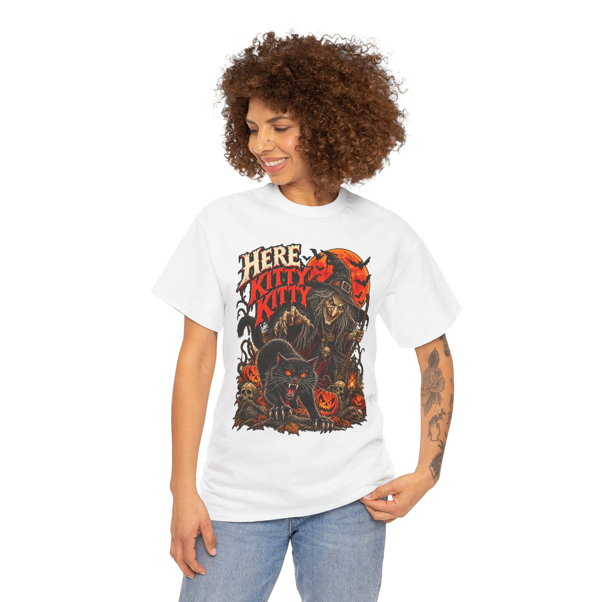 Here Kitty Kitty: Witch and Black Cat Halloween T-Shirt