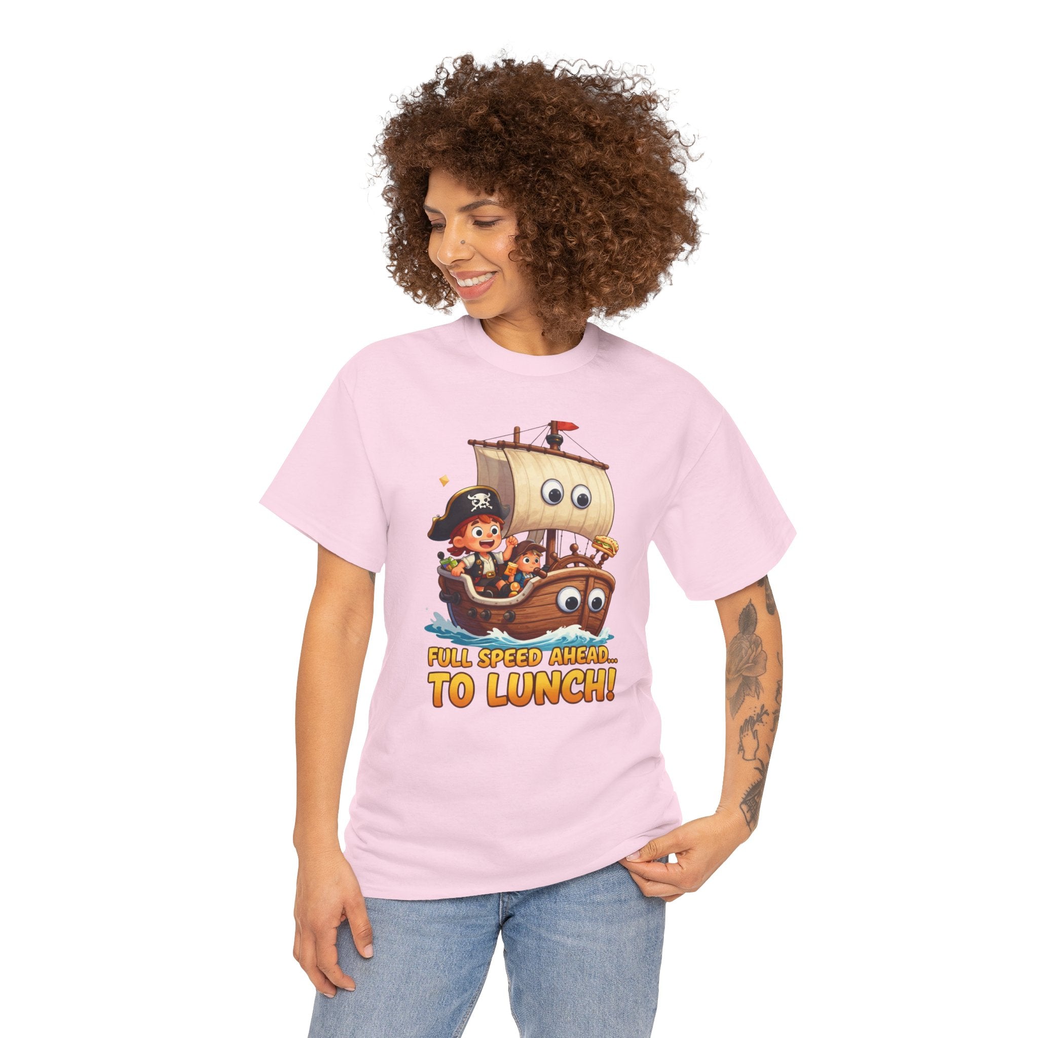 Full Speed Ahead To Lunch T-Shirt – Funny Pirate Ship Food Cartoon | Nautical Foodie Humour Graphic Tee