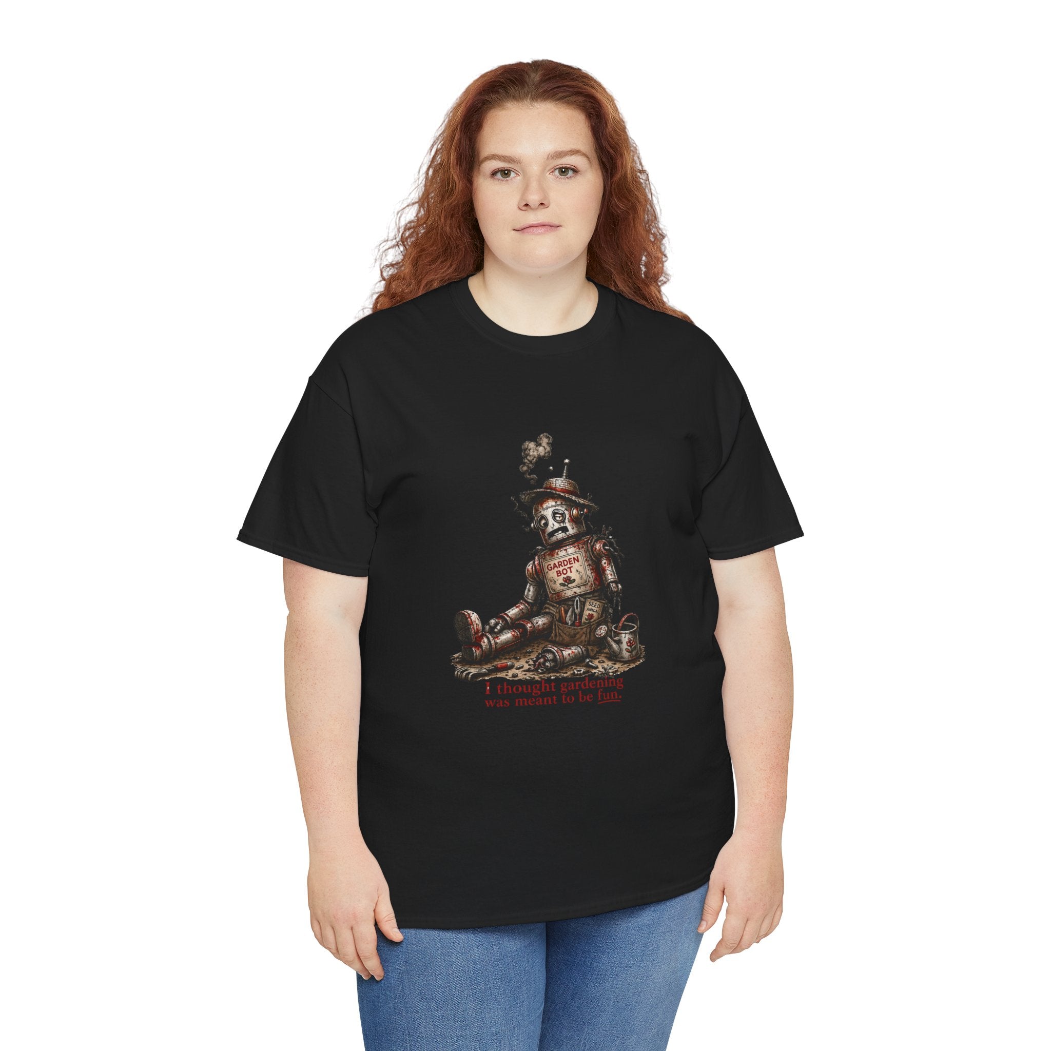 T-Shirt — Vintage Tin Toy Robot Graphic Tee (“I Thought Gardening was meant to be fun”)