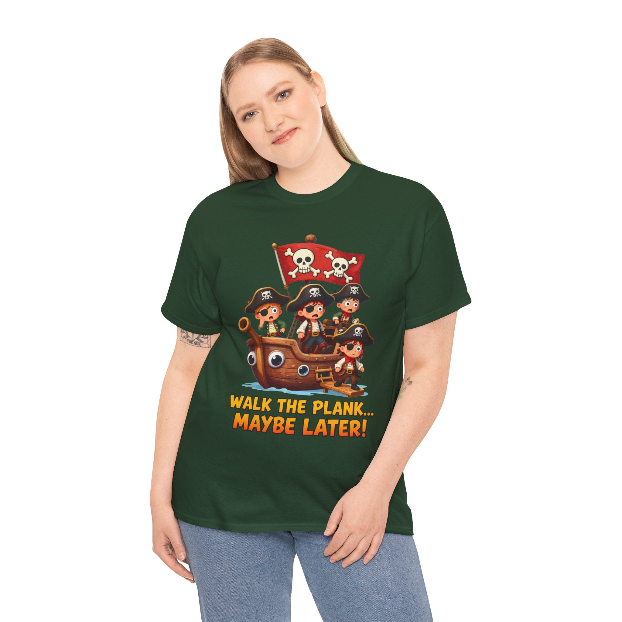 Walk the Plank Maybe Later T-Shirt – Funny Cartoon Pirate Ship Jolly Roger | Procrastination Humour Graphic Tee