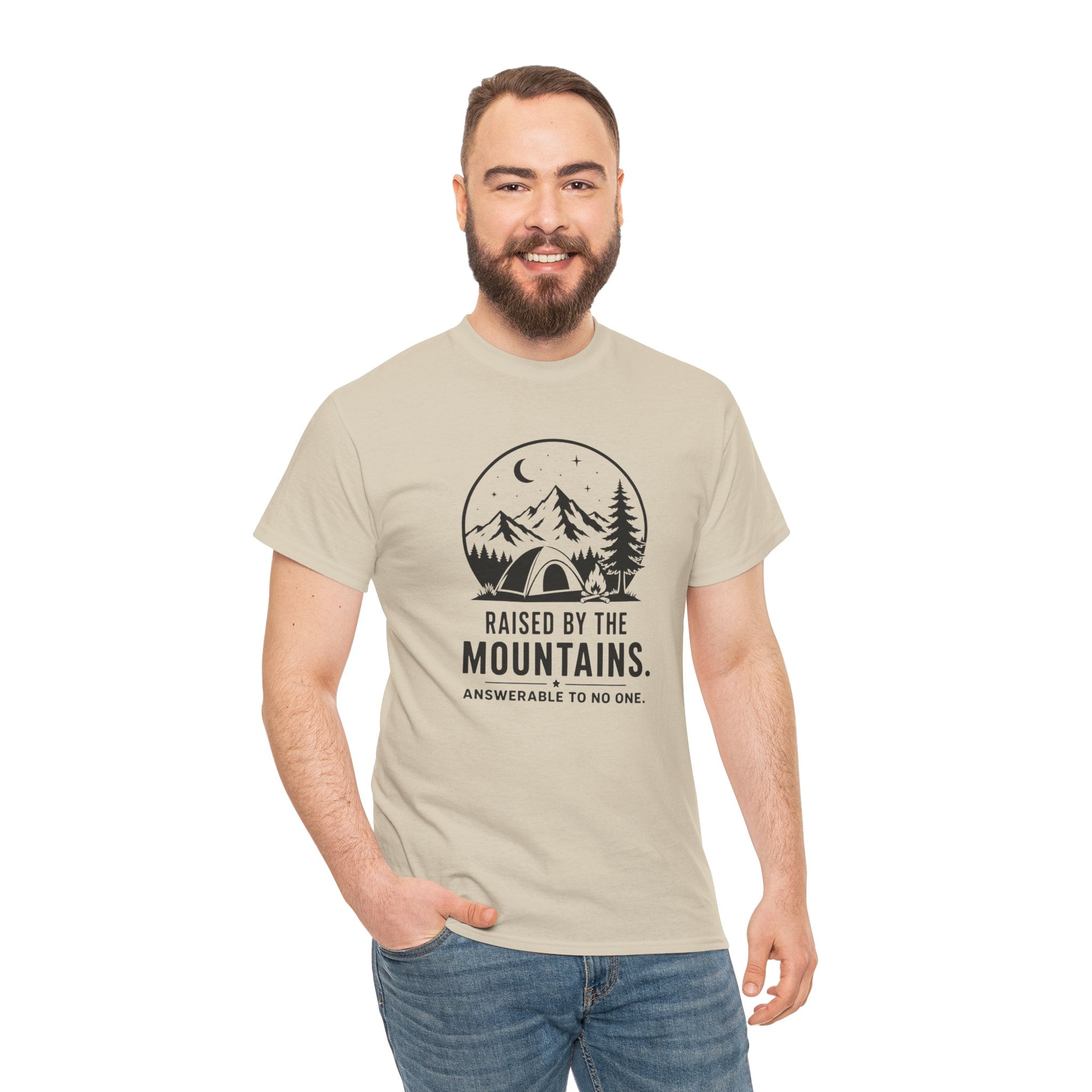 Raised by the Mountains T-Shirt — Camping Graphic Tee with 'Answerable to No One'