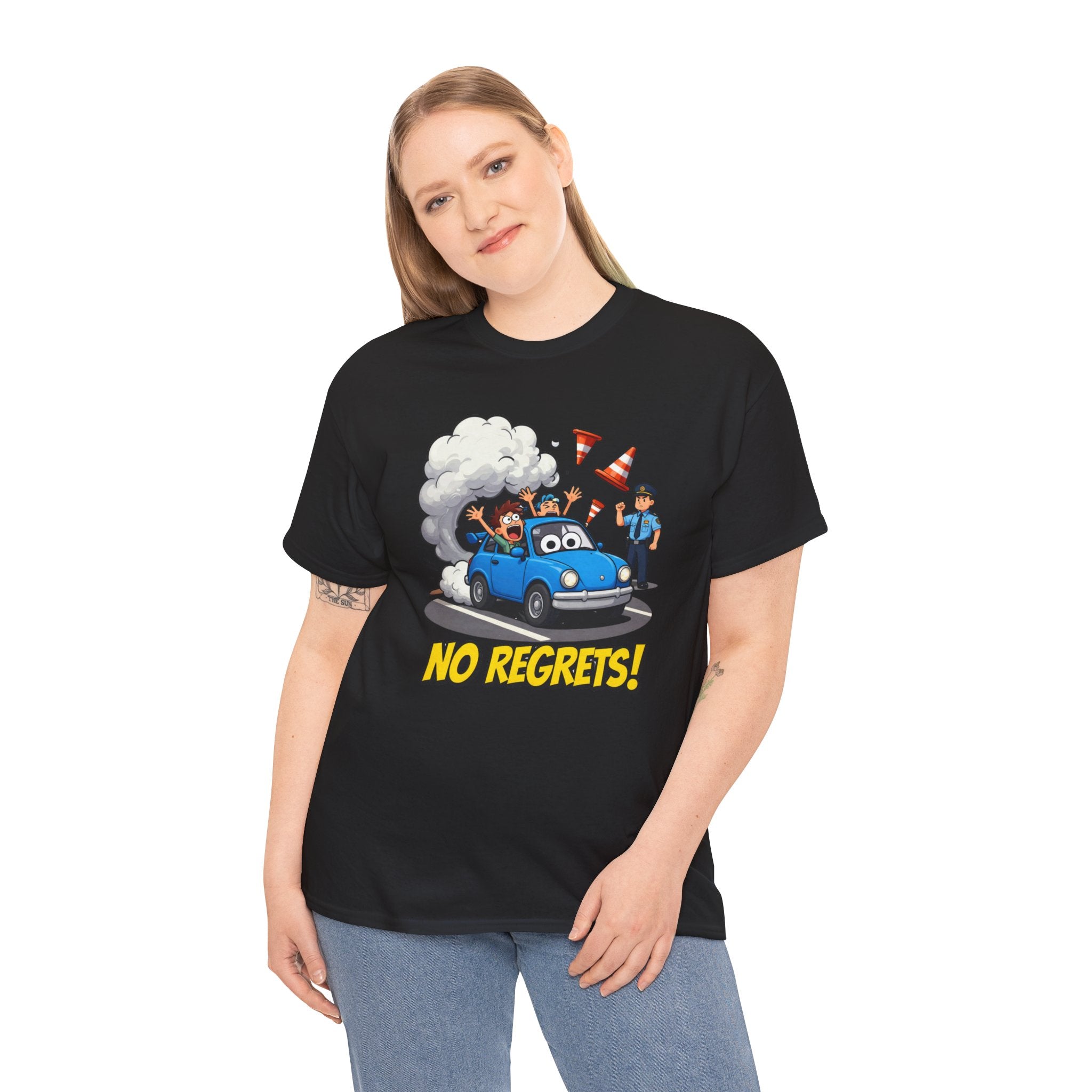 No Regrets T-Shirt – Funny Cartoon Car Police Chase Road Cone Chaos | Bad Driver Motoring Humour Graphic Tee